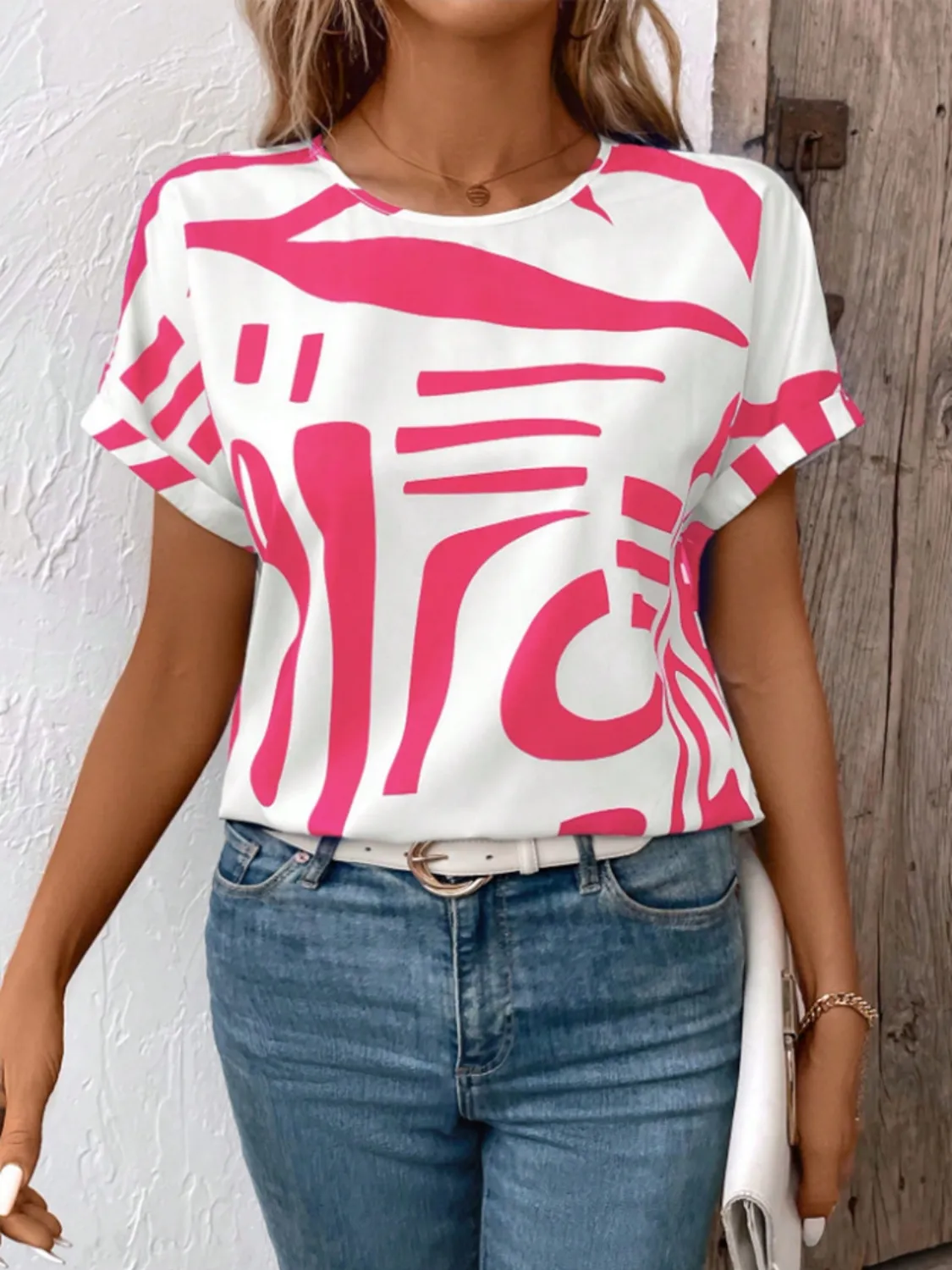 Contrast Round Neck Short Sleeve Blouse - Image 3