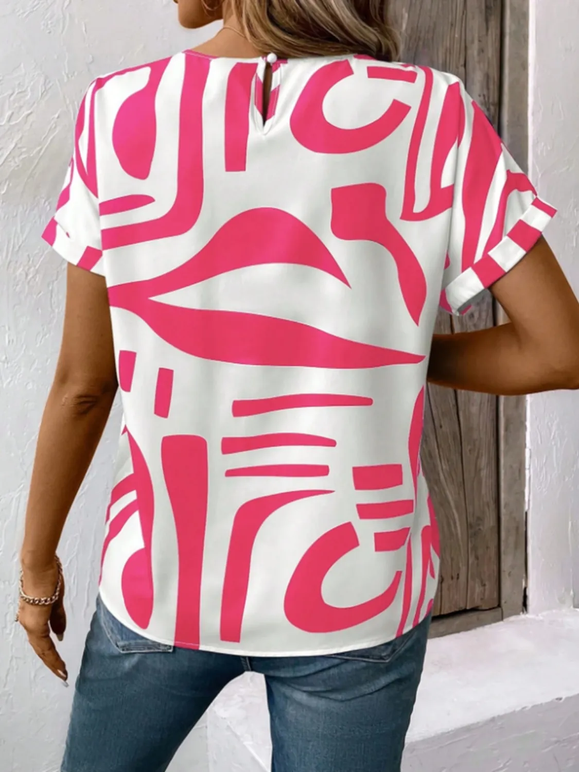 Contrast Round Neck Short Sleeve Blouse - Image 4