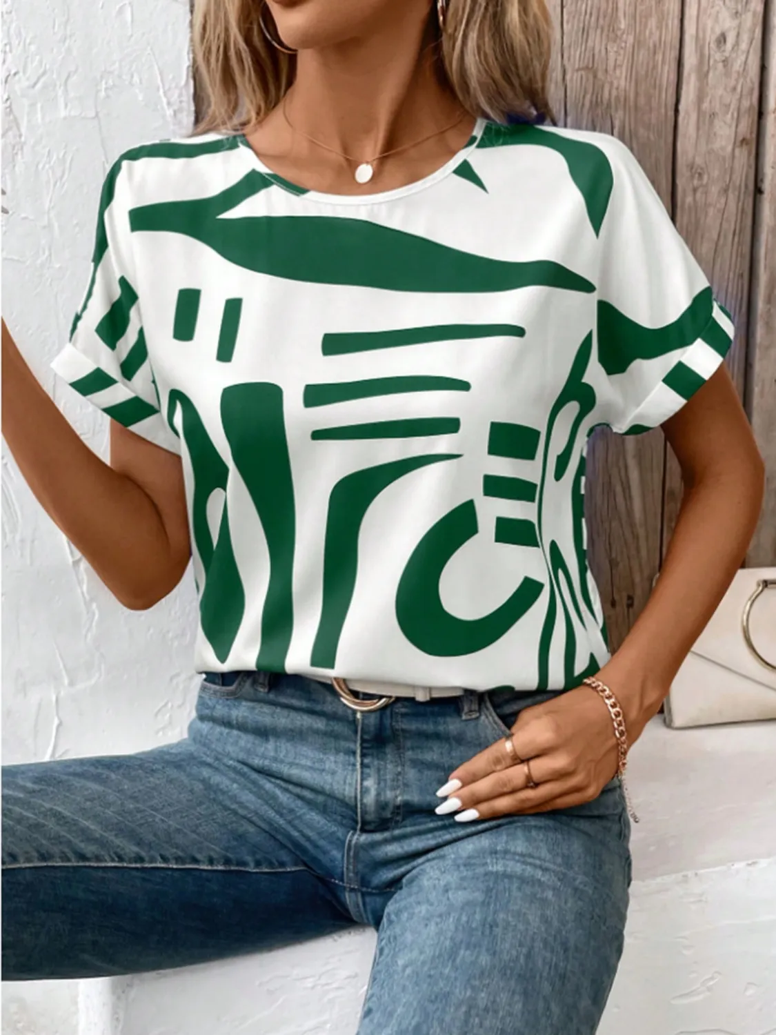 Contrast Round Neck Short Sleeve Blouse - Image 5