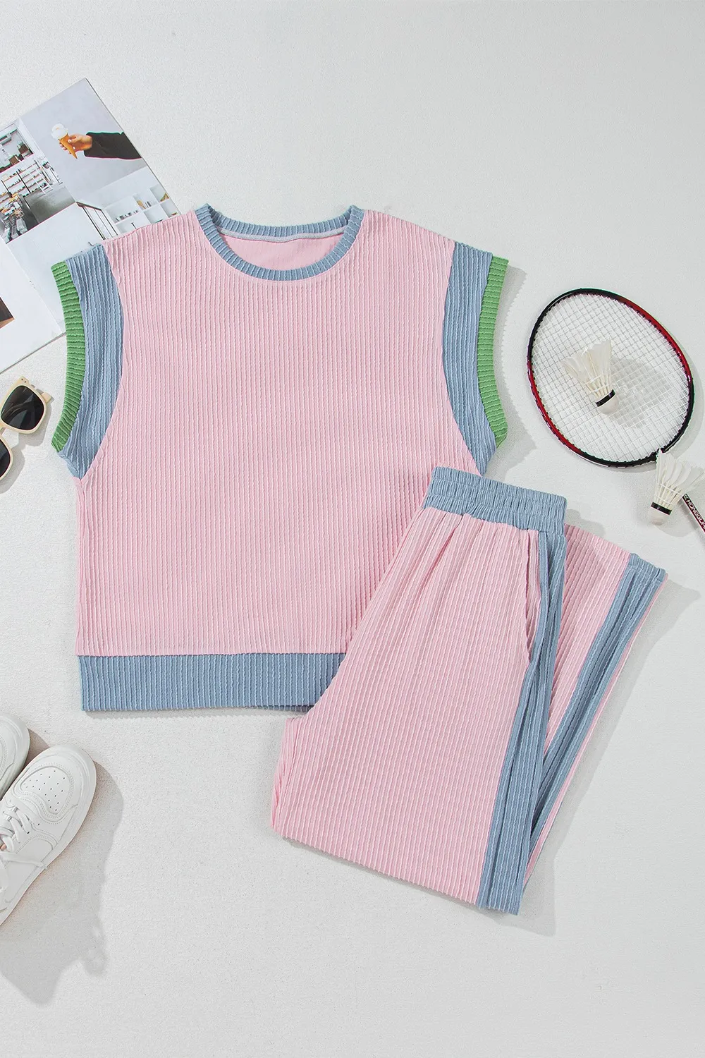 Contrast Round Neck Top and Pants Set - Image 6
