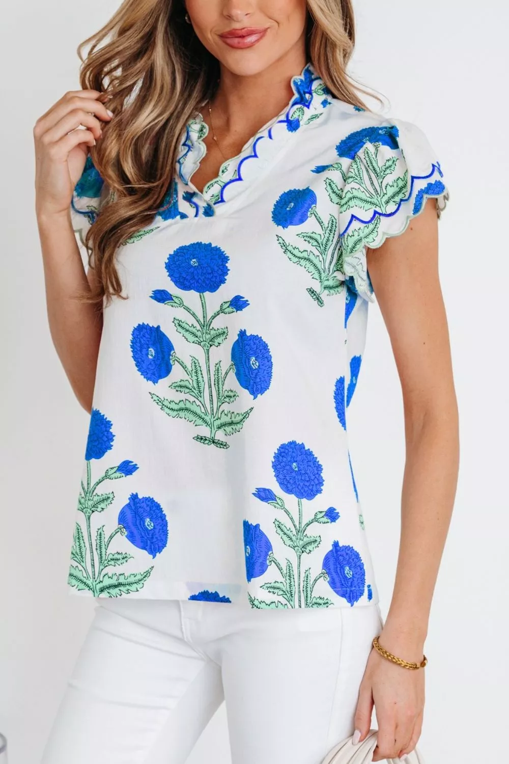 Contrast Scallop Trim Layered Short Sleeve V Neck Blouse - Image 14