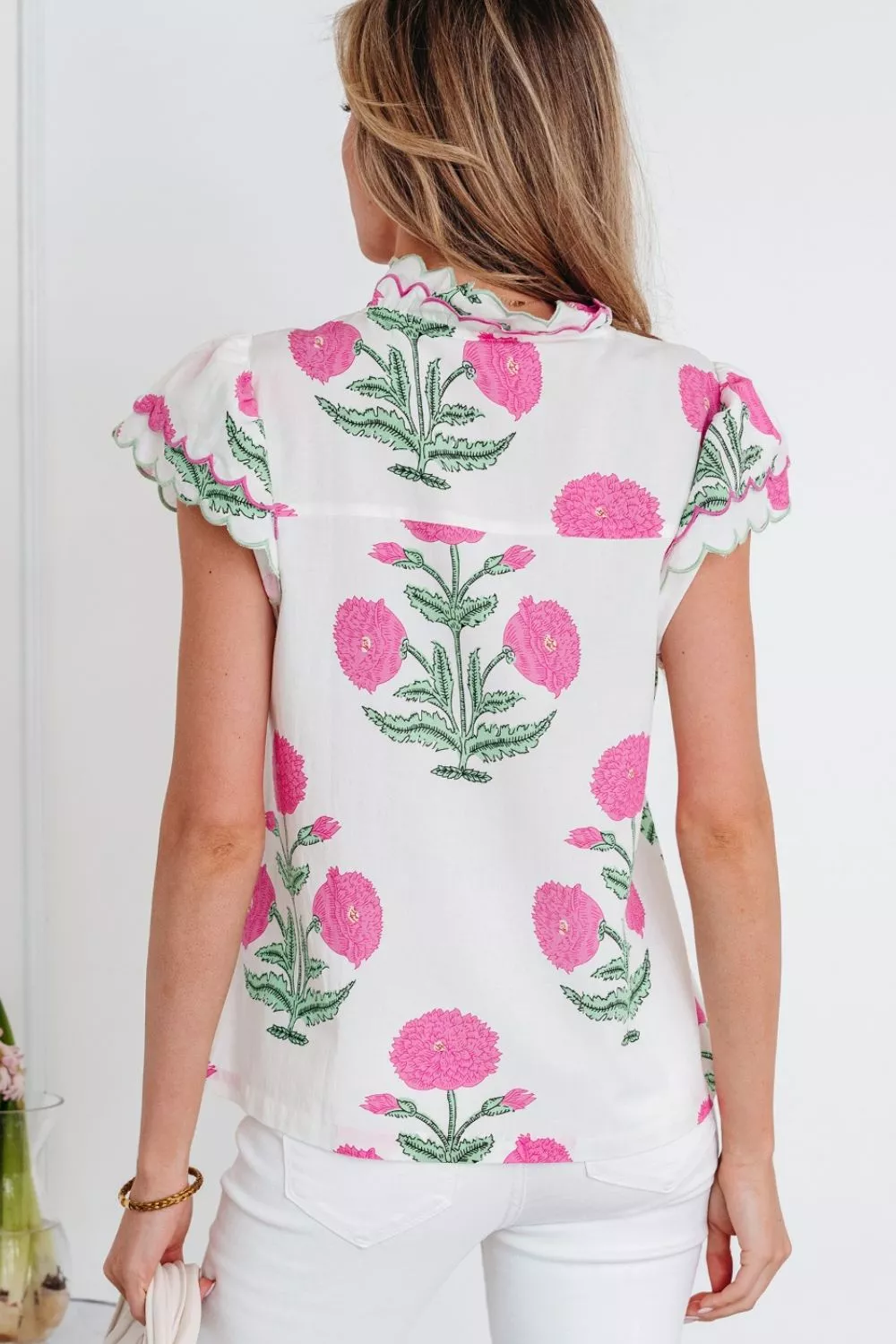 Contrast Scallop Trim Layered Short Sleeve V Neck Blouse - Image 3