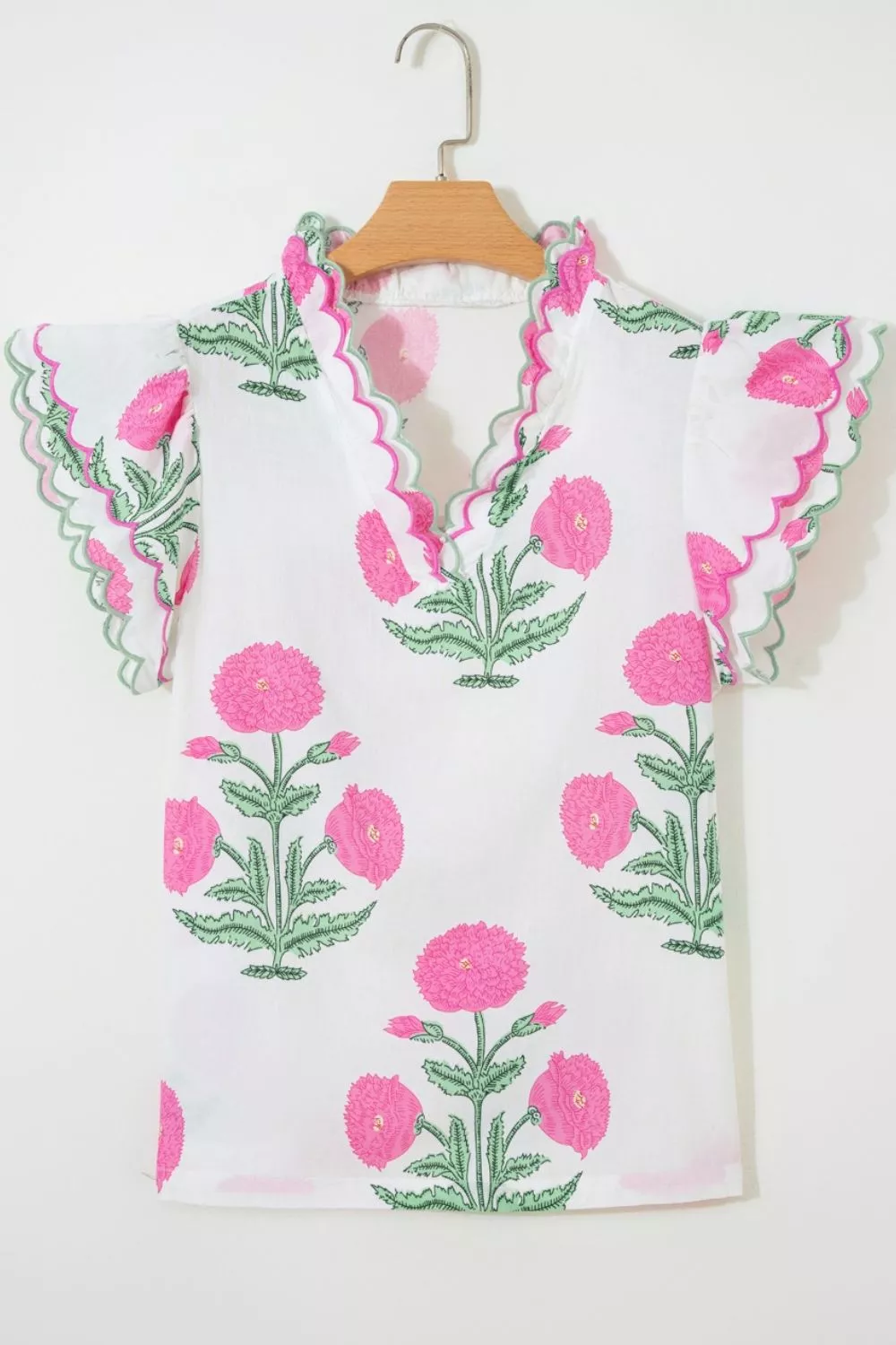 Contrast Scallop Trim Layered Short Sleeve V Neck Blouse - Image 6