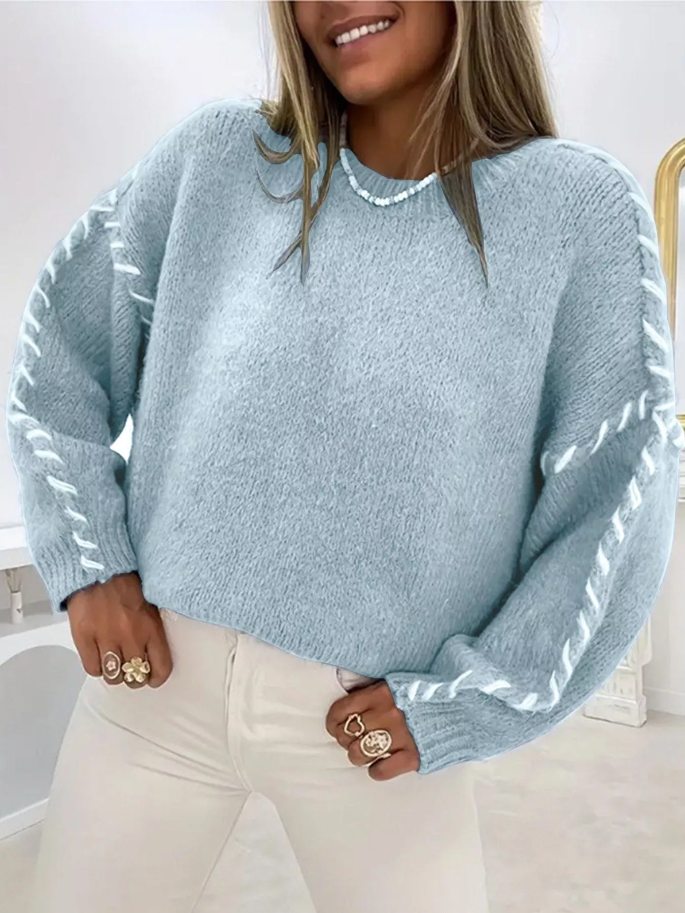 Contrast Stitching Dropped Shoulder Sweater - Image 22