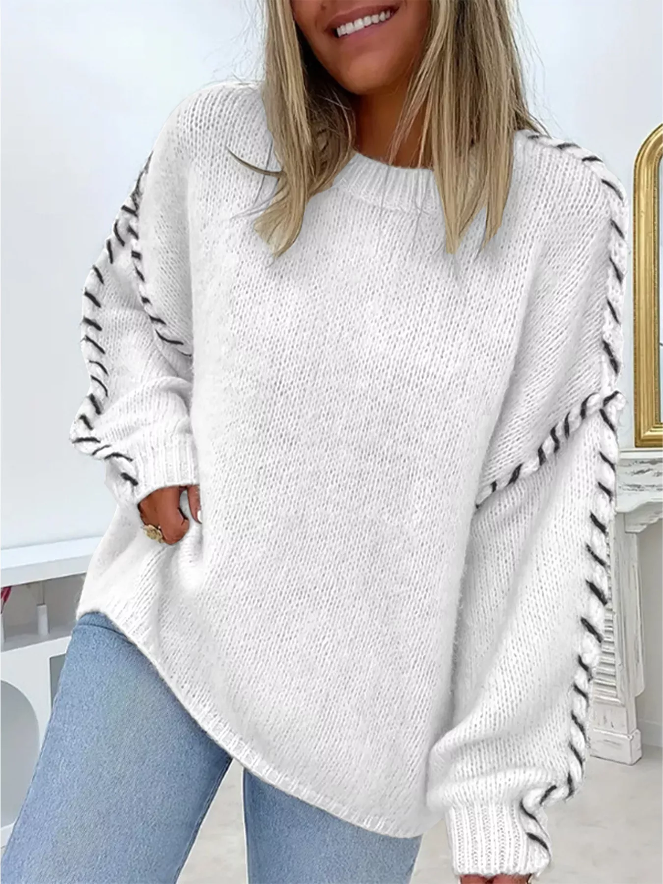 Contrast Stitching Dropped Shoulder Sweater - Image 7