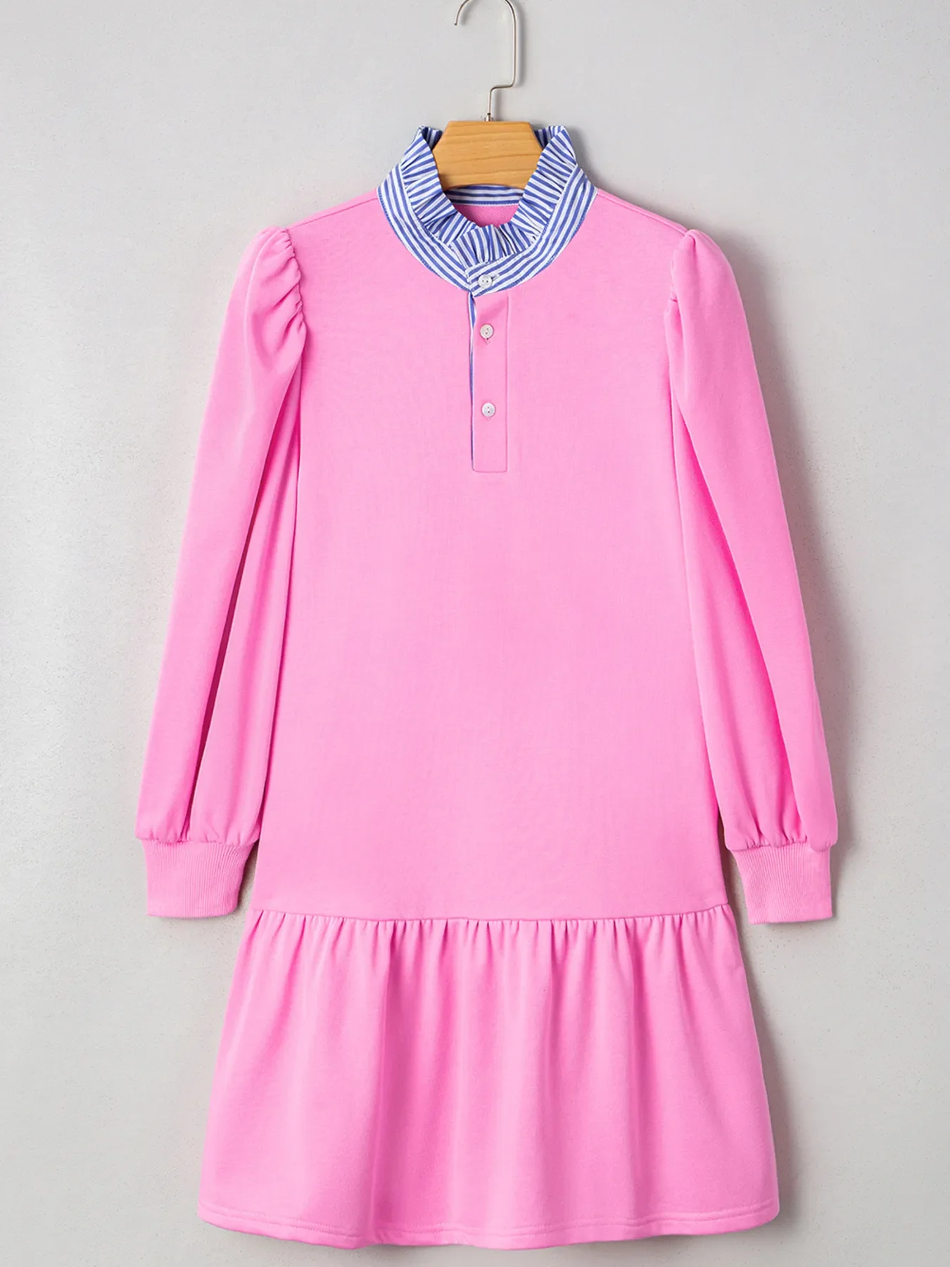 Contrast Striped Collar Patchwork Puff Sleeve Ruffle Hem Mini Dress - Image 2