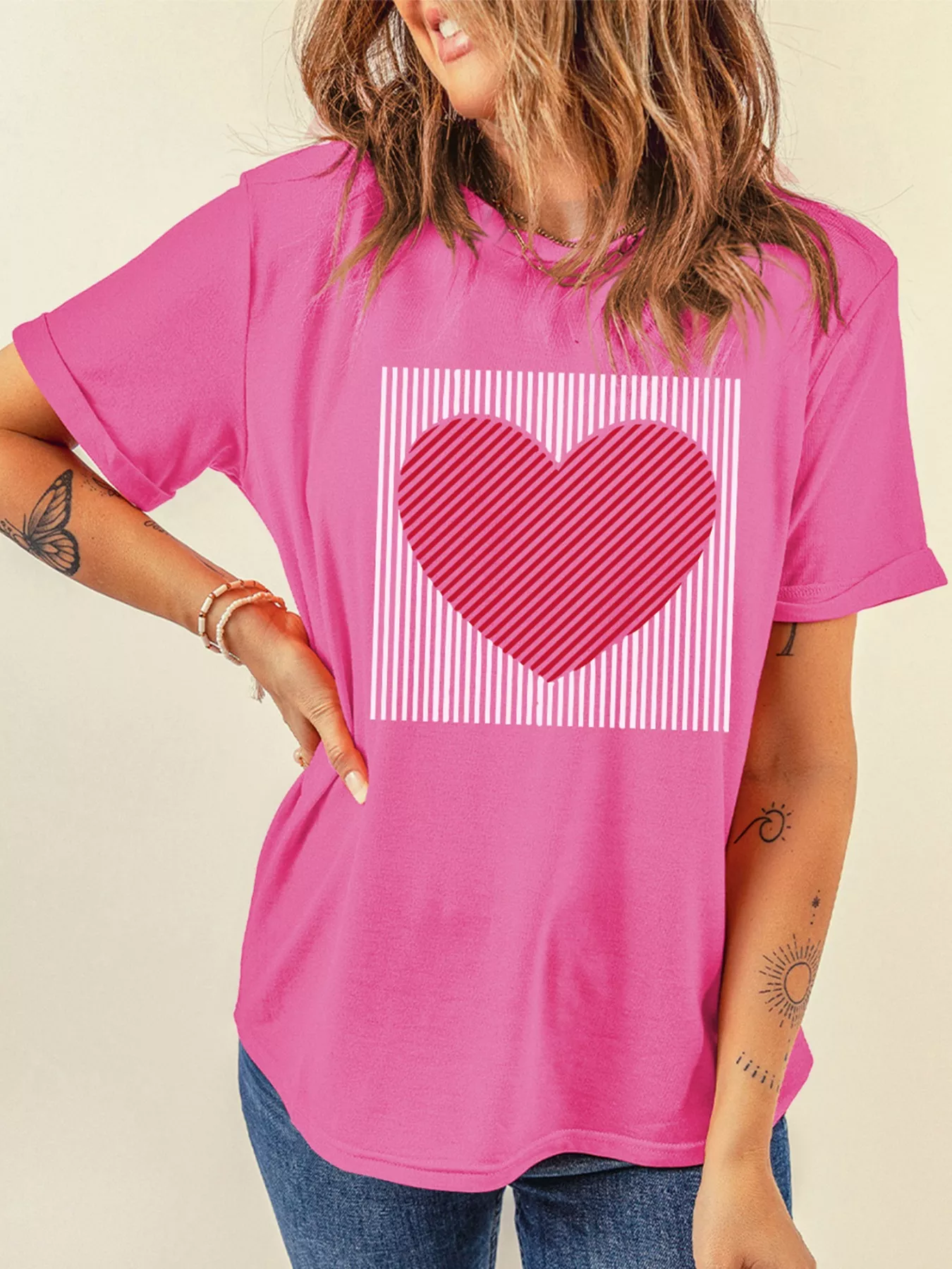 Contrast Striped Heart Printed Valentines Day T Shirt - Image 5