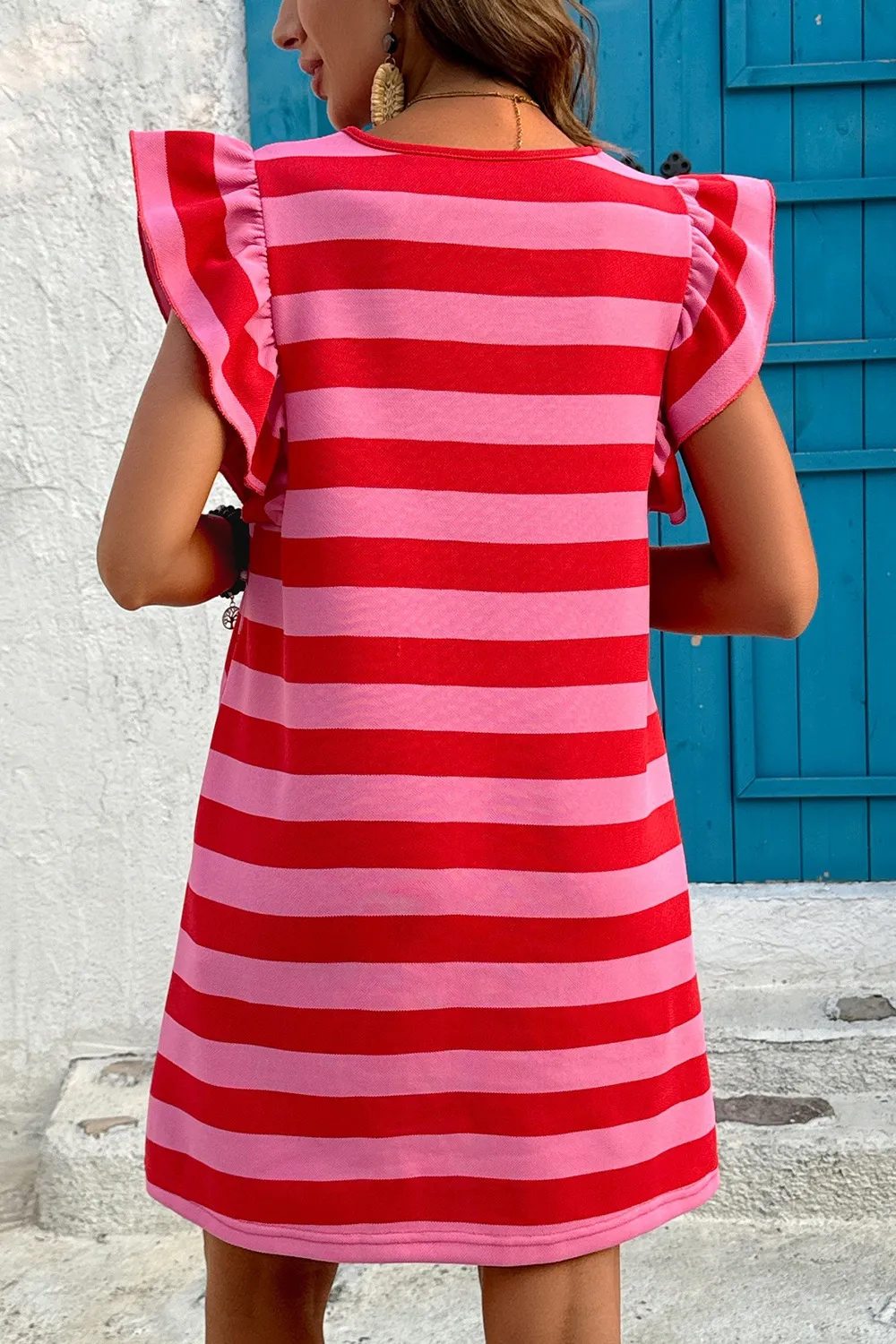 Contrast Striped Round Neck Cap Sleeve Mini Dress - Image 2