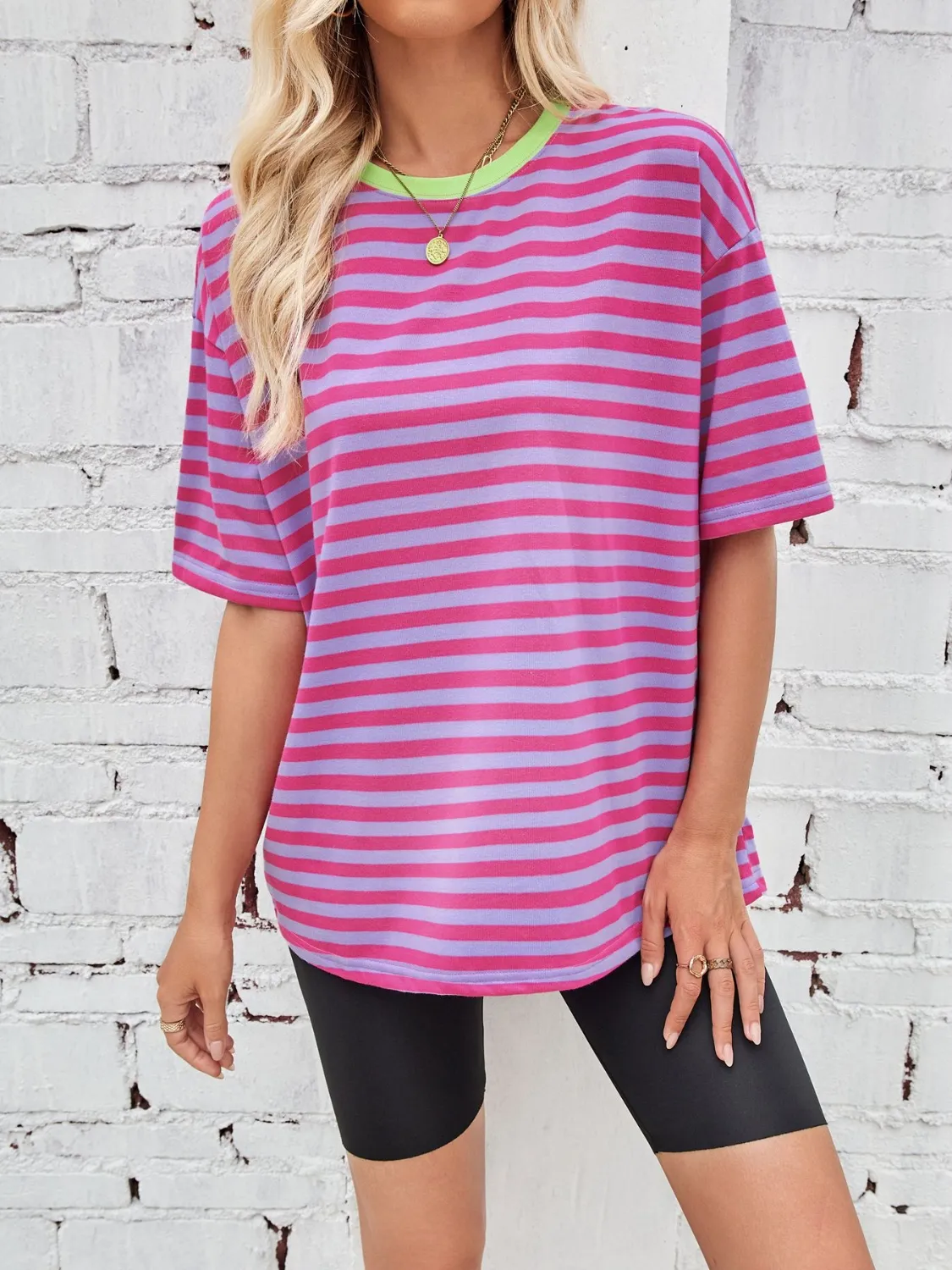 Contrast Striped Round Neck T-Shirt - Image 2