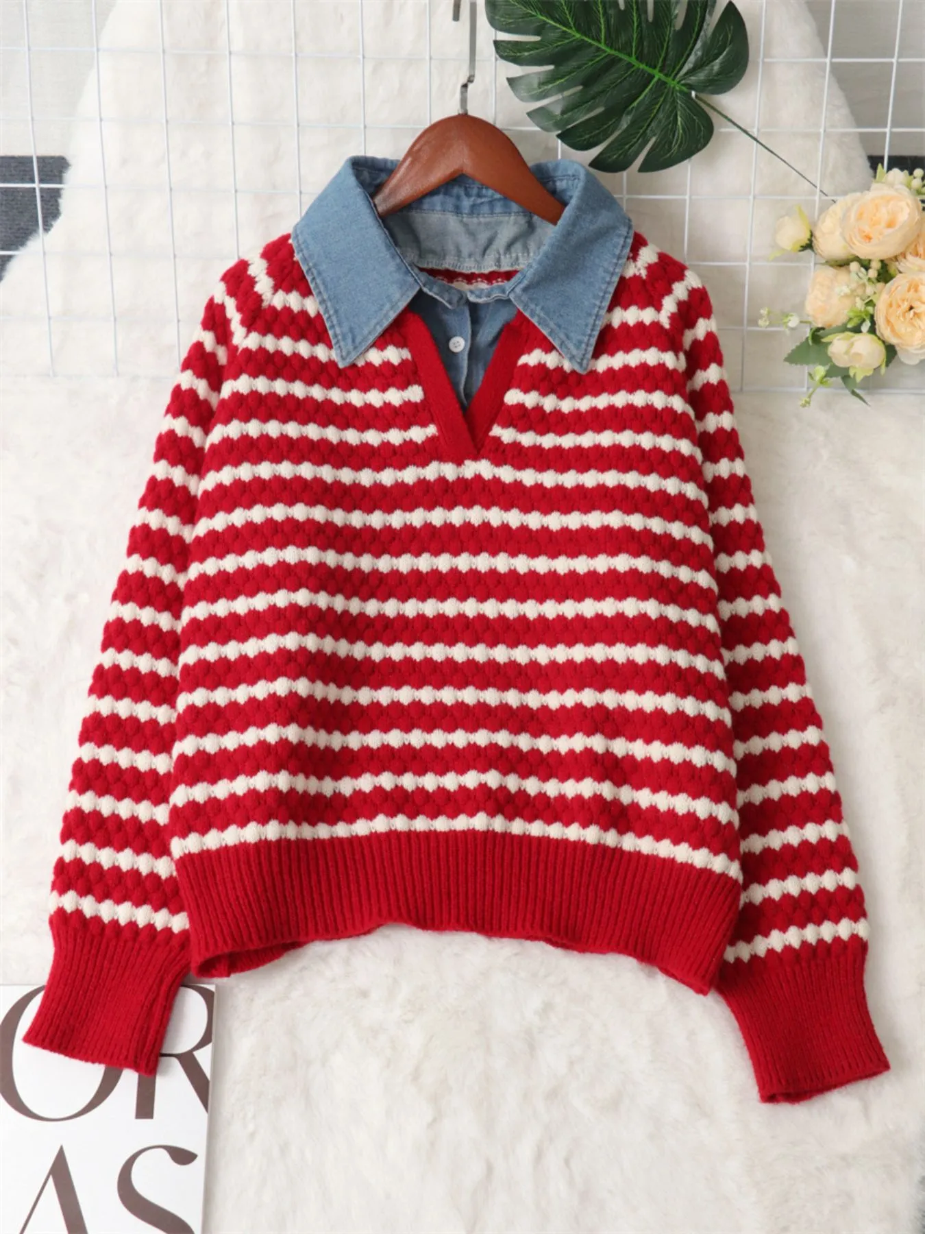 Contrast Striped Sweater with Denim Collar - Image 11