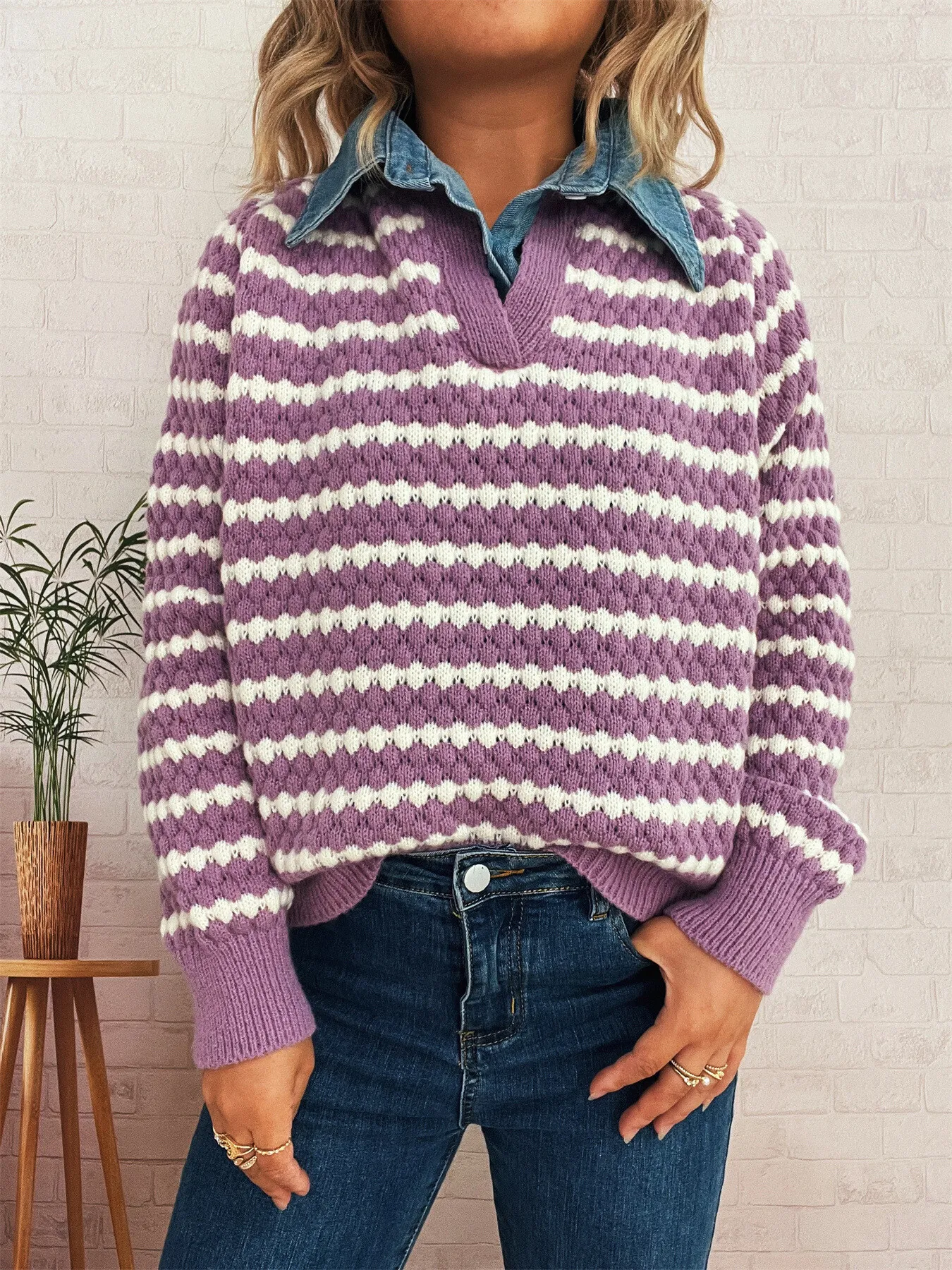 Contrast Striped Sweater with Denim Collar - Image 26