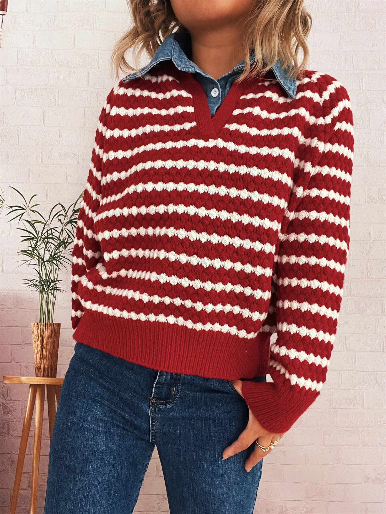 Contrast Striped Sweater with Denim Collar - Image 7