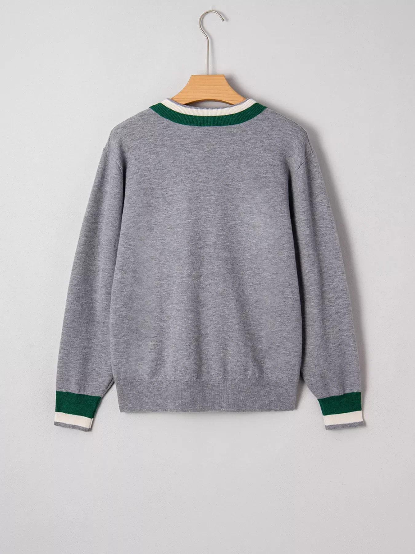 Contrast Striped Trim V Neck Varsity Sweater - Image 5