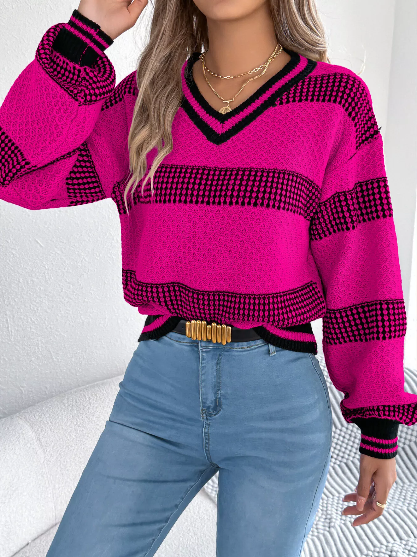 Contrast Striped V-Neck Sweater - Image 16