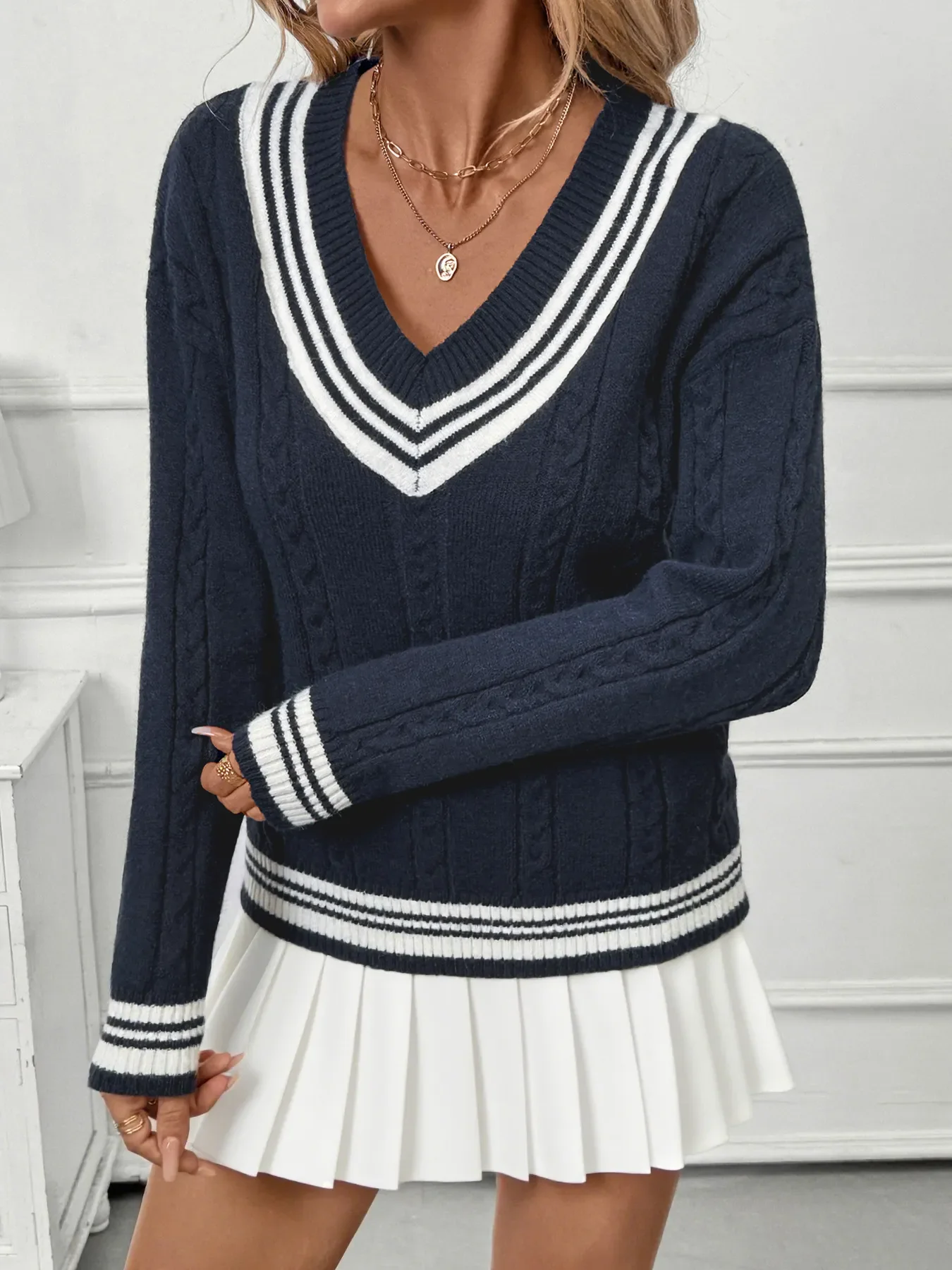 Contrast Striped V-Neck Sweater - Image 3