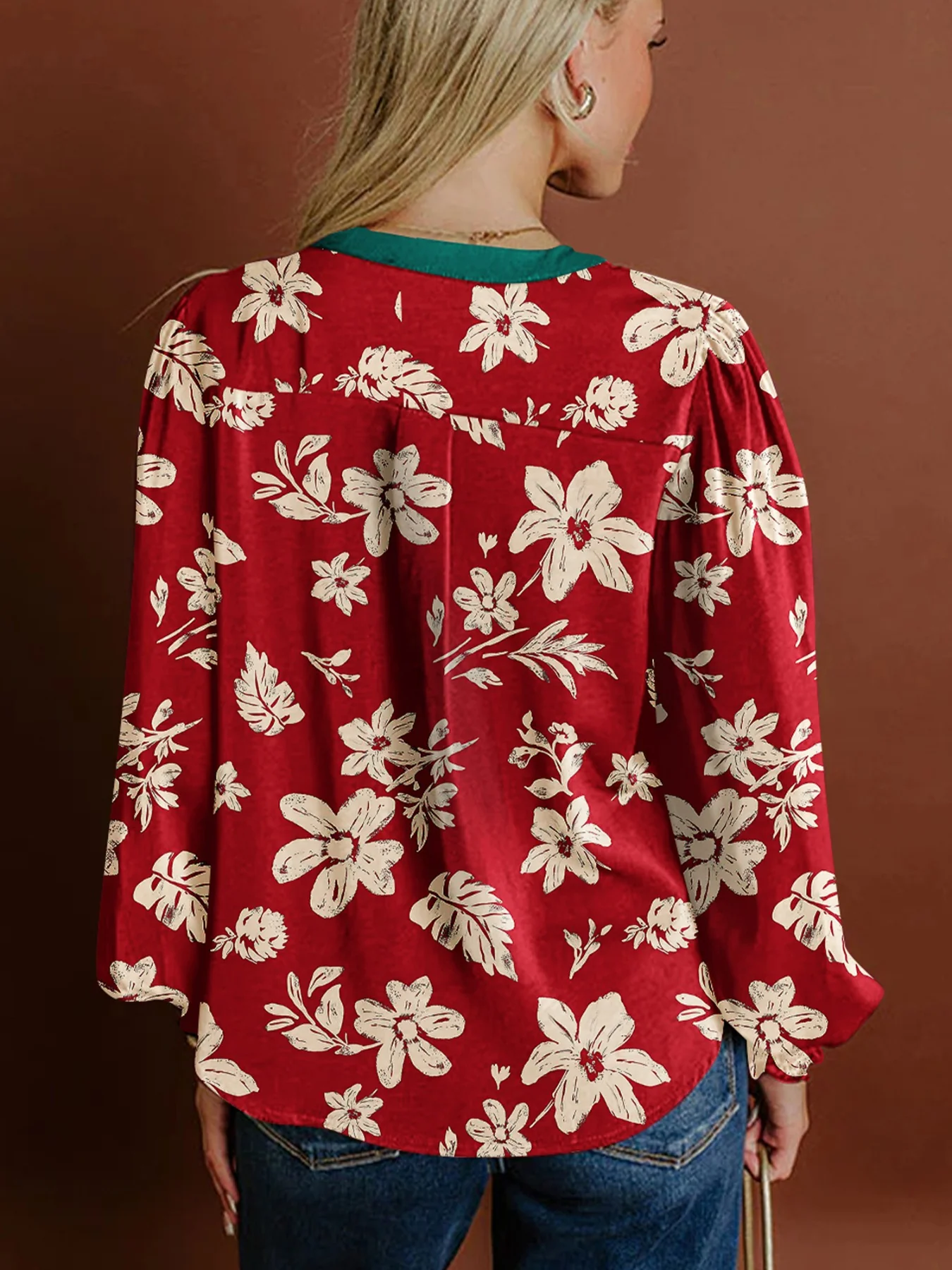 Contrast Tied Neck Shirred Puff Sleeve Flower Blouse - Image 2