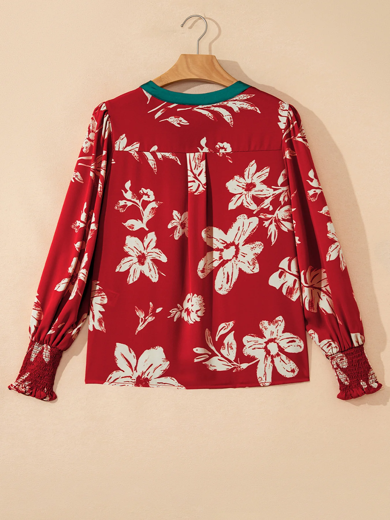 Contrast Tied Neck Shirred Puff Sleeve Flower Blouse - Image 4
