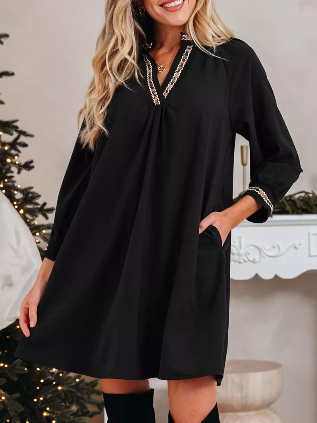 Contrast Trim Bracelet Sleeve Shift Mini Dress - Image 2