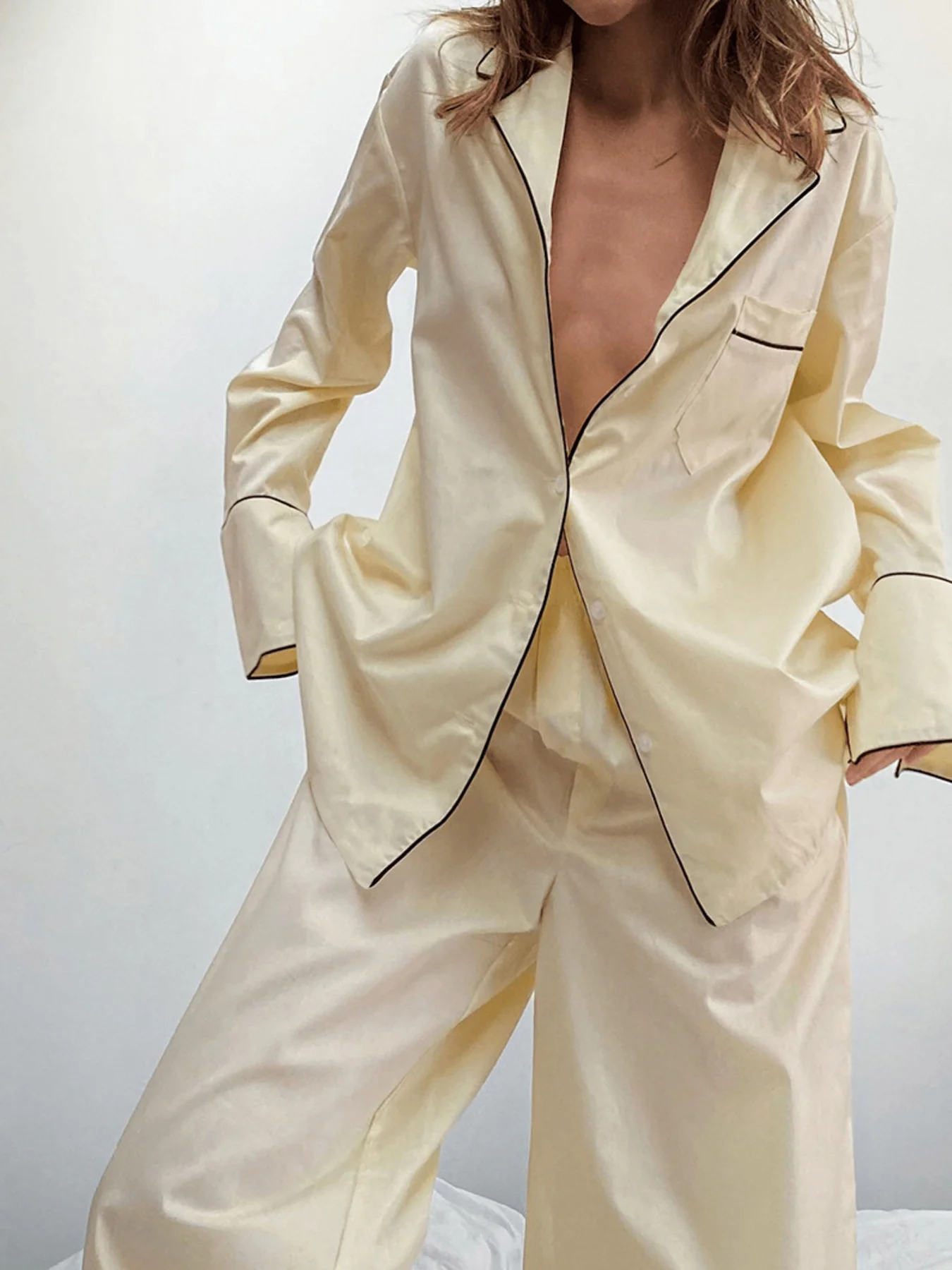 Contrast Trim Button Up Top and Pants Lounge Set - Image 2