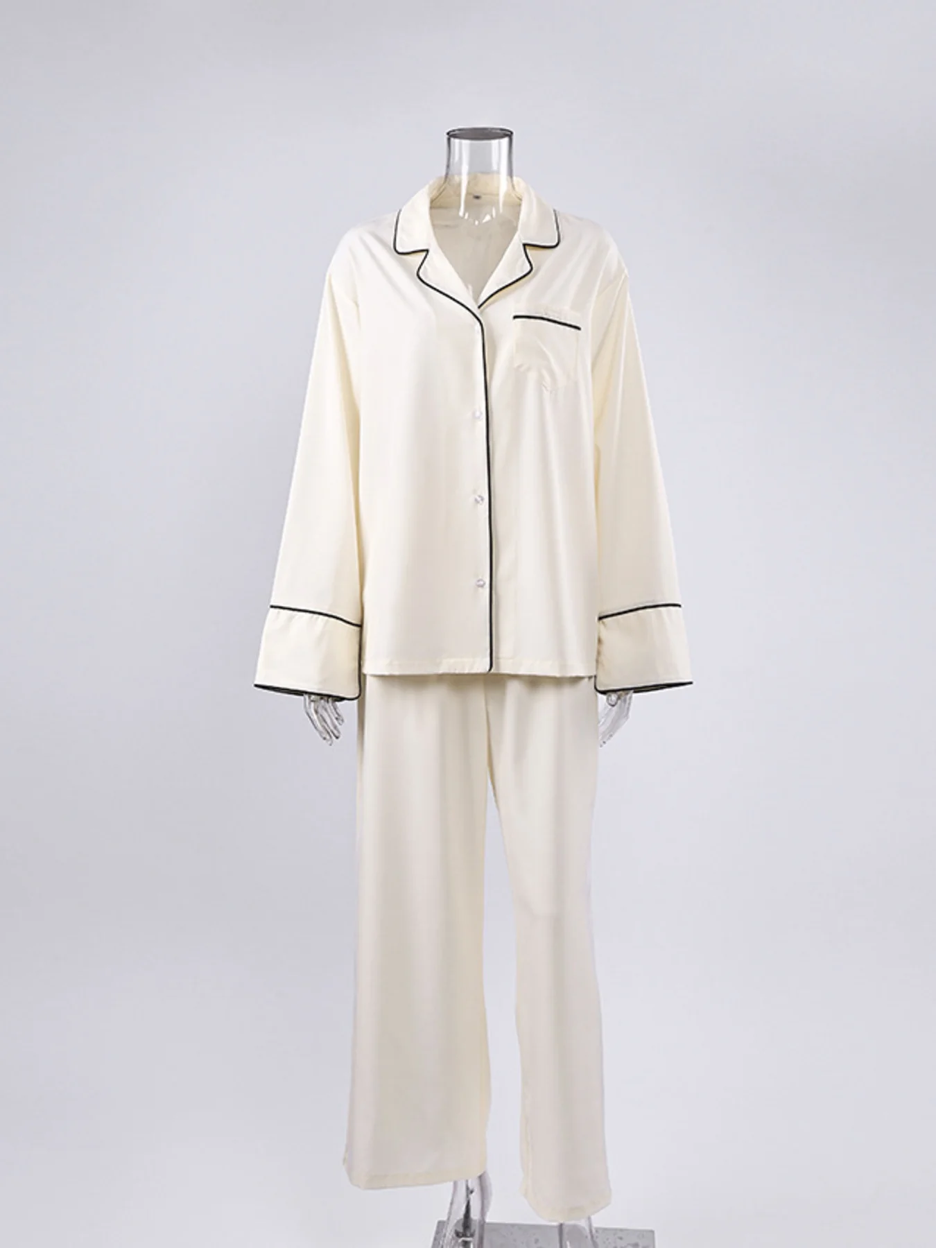 Contrast Trim Button Up Top and Pants Lounge Set - Image 3