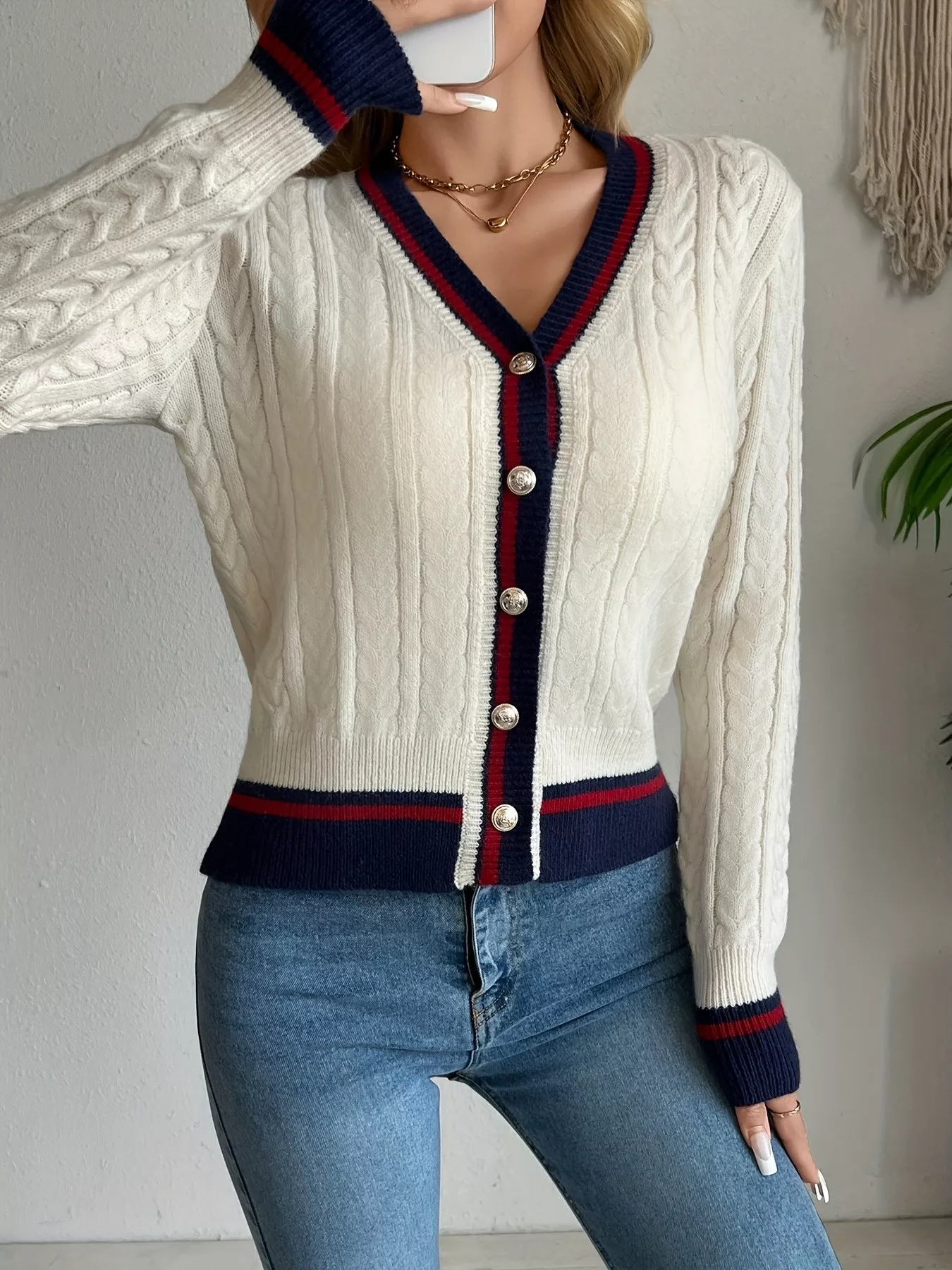 Contrast Trim Cable Knit Cardigan - Image 3