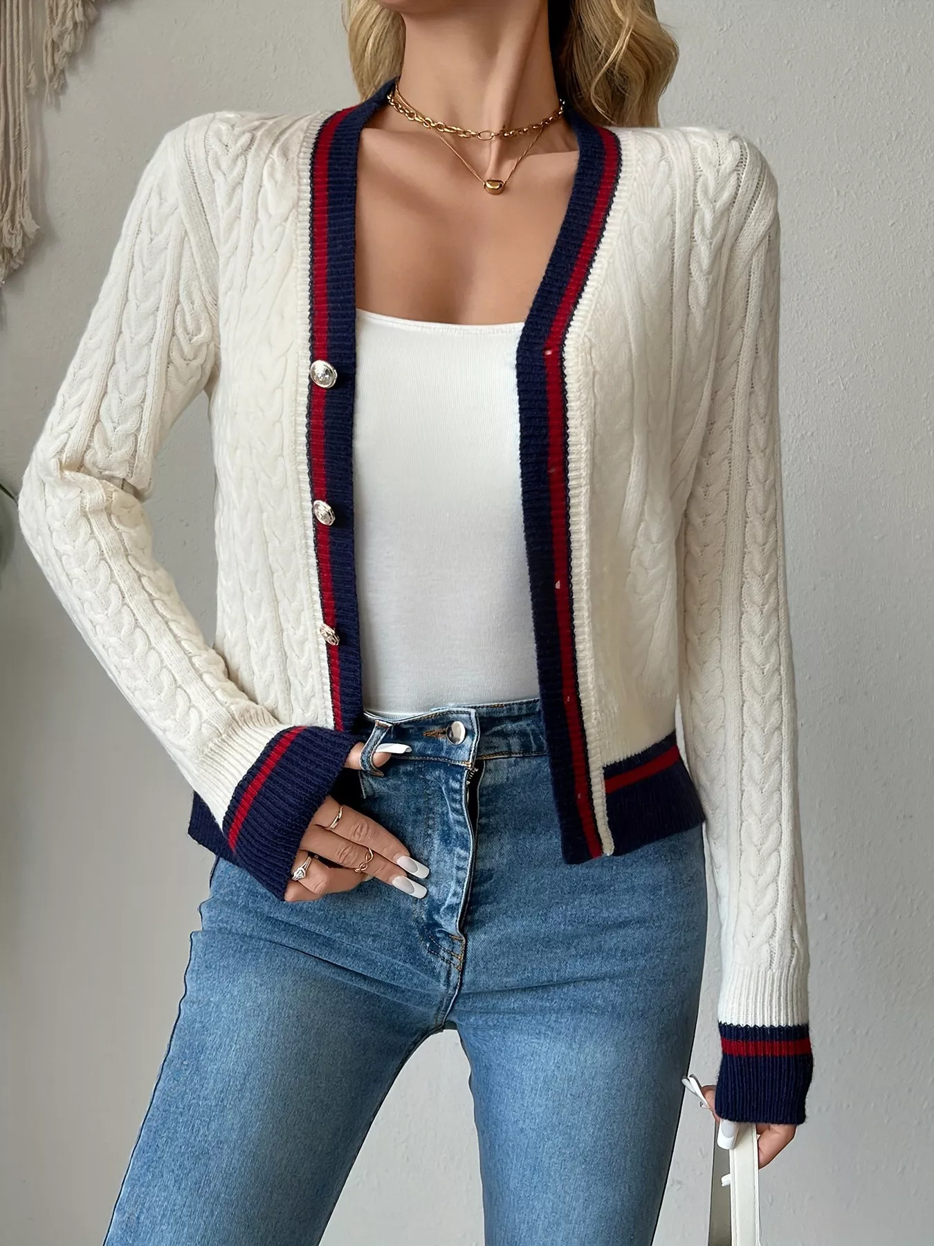Contrast Trim Cable Knit Cardigan - Image 5