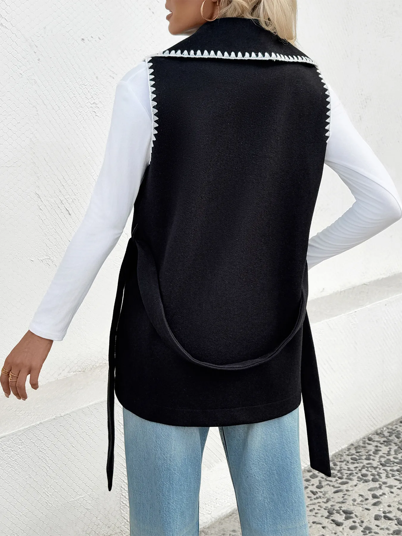 Contrast Trim Collared Neck Vest Coat - Image 6