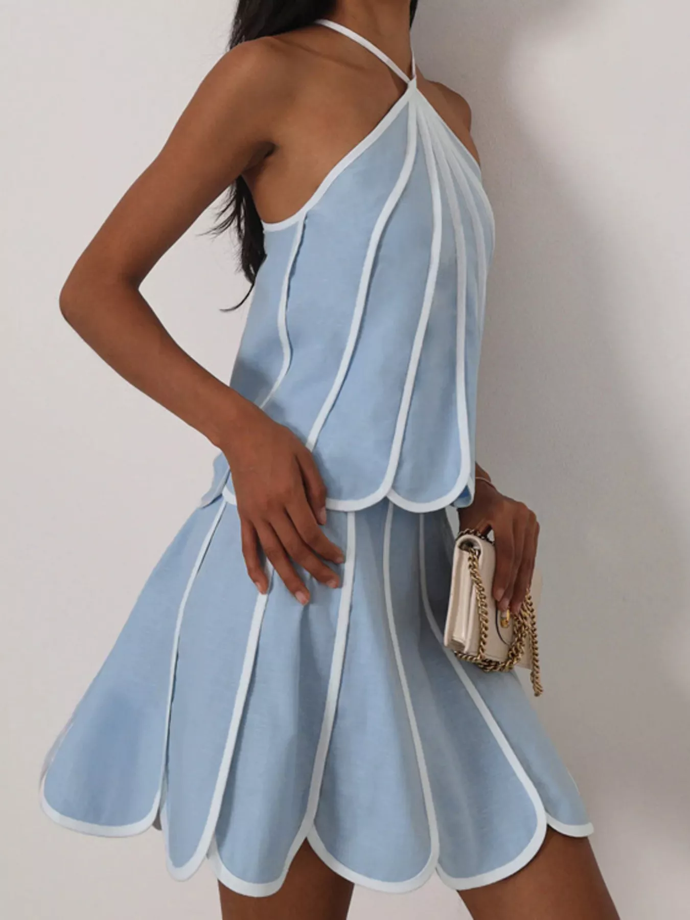 Contrast Trim Halter Neck Top and Skirt Set - Image 5