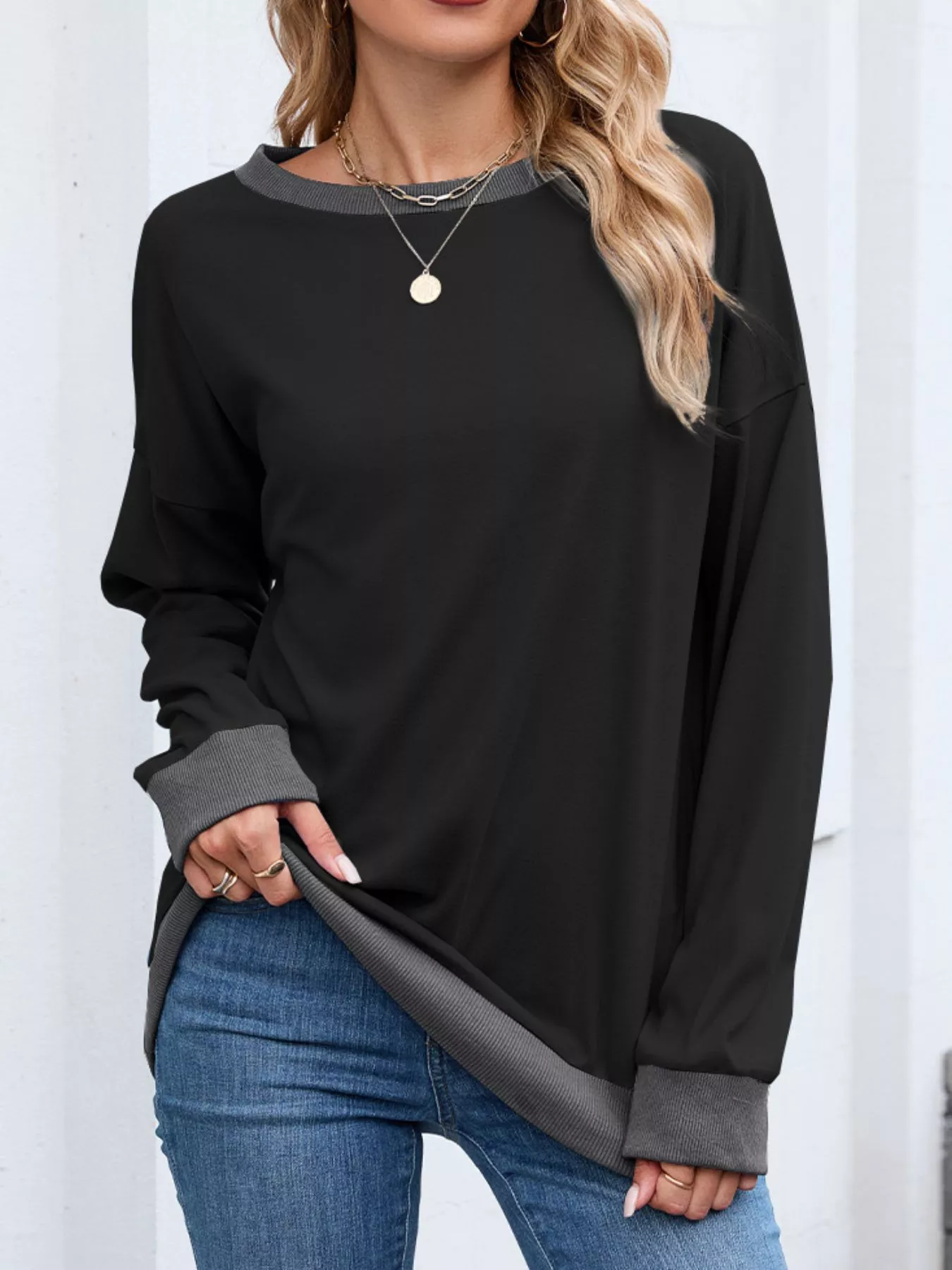 Contrast Trim Long Sleeve Sweatshirt - Image 21