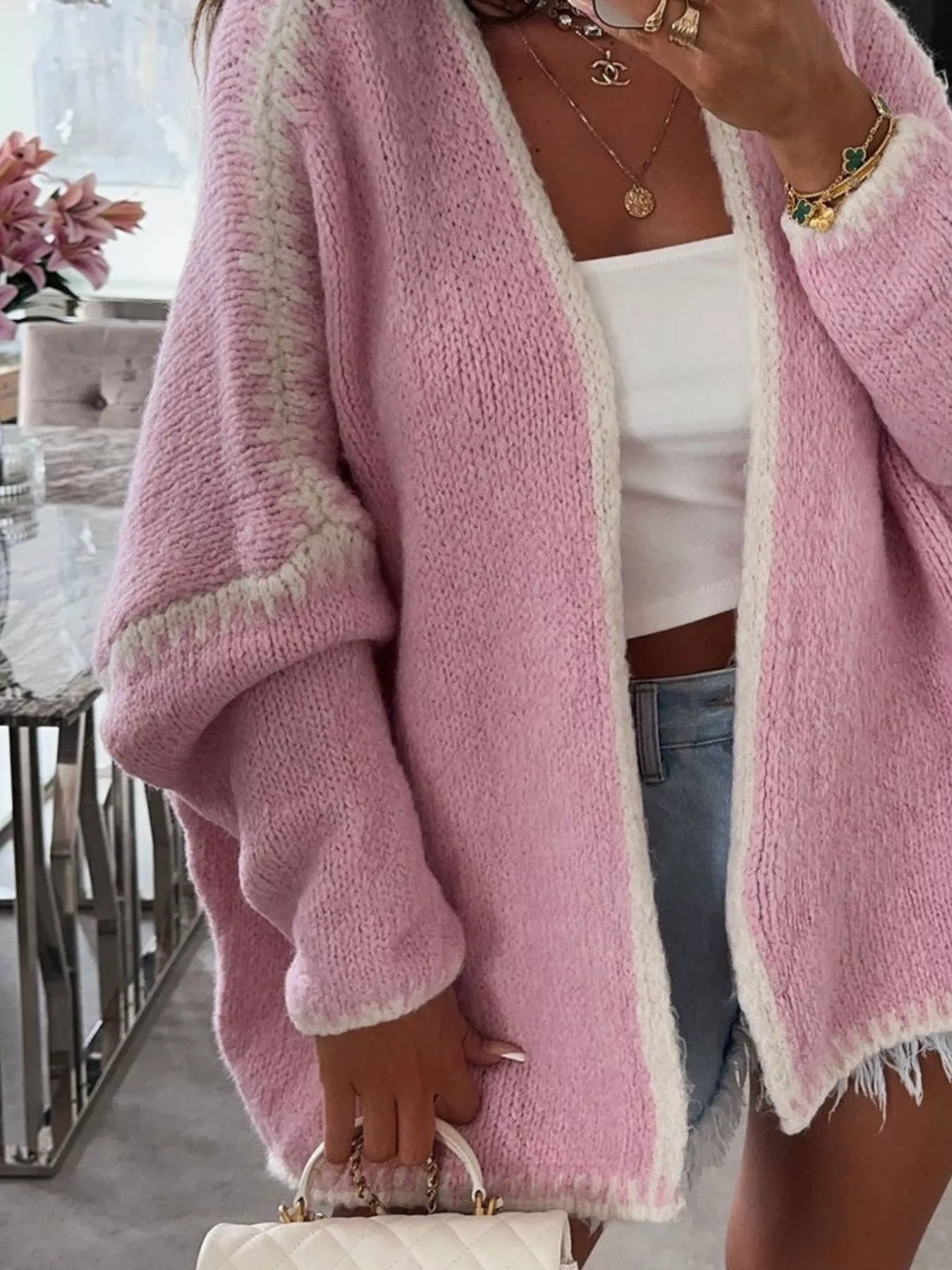 Contrast Trim Open Front Cardigan - Image 11