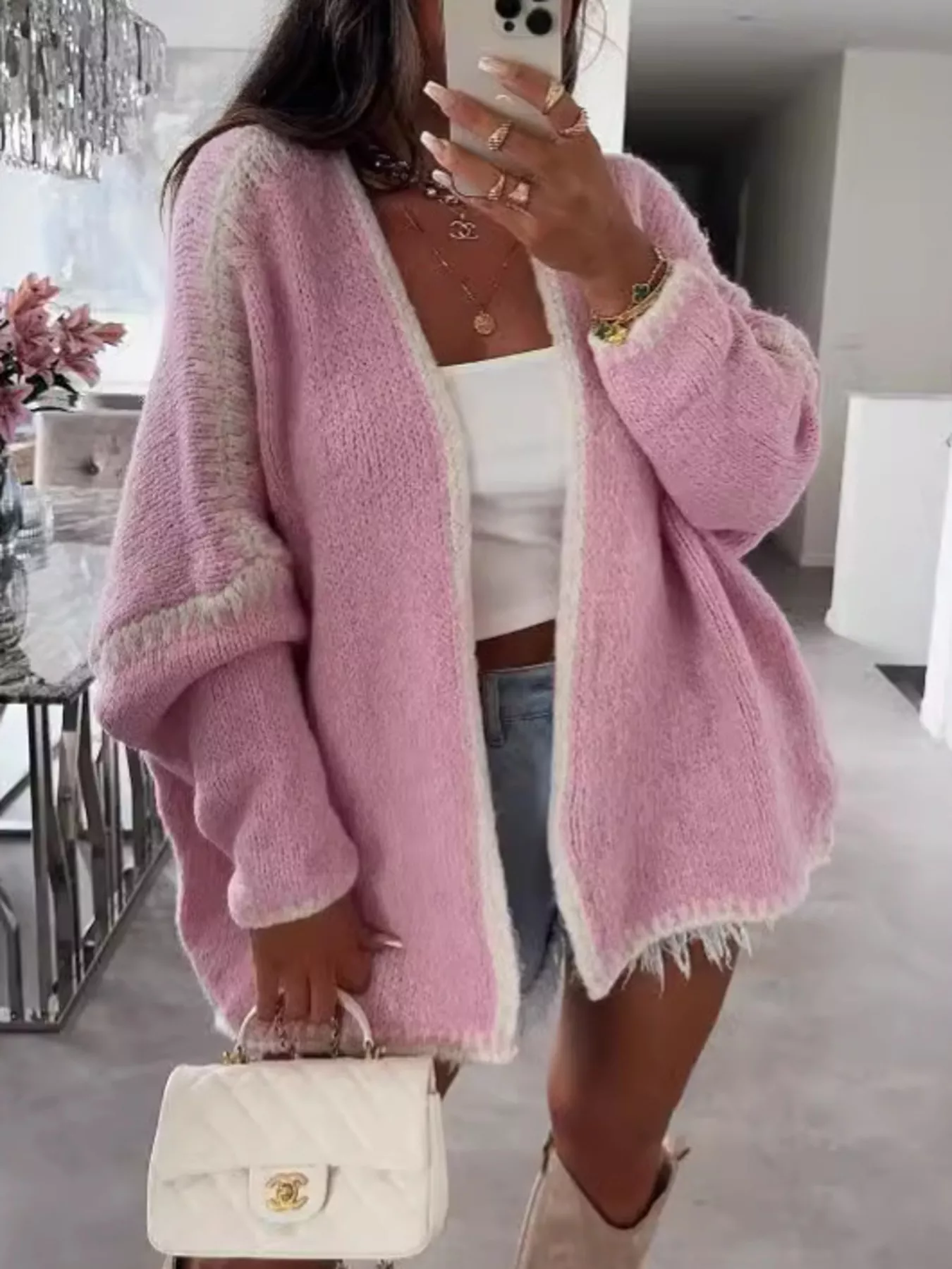 Contrast Trim Open Front Cardigan - Image 9