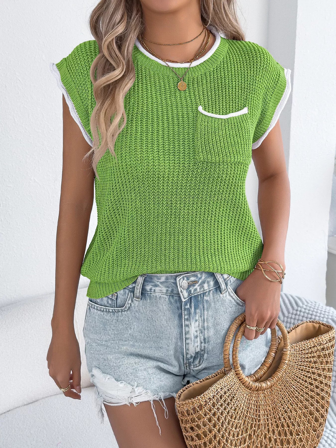 Contrast Trim Round Neck Cap Sleeve Sweater - Image 6