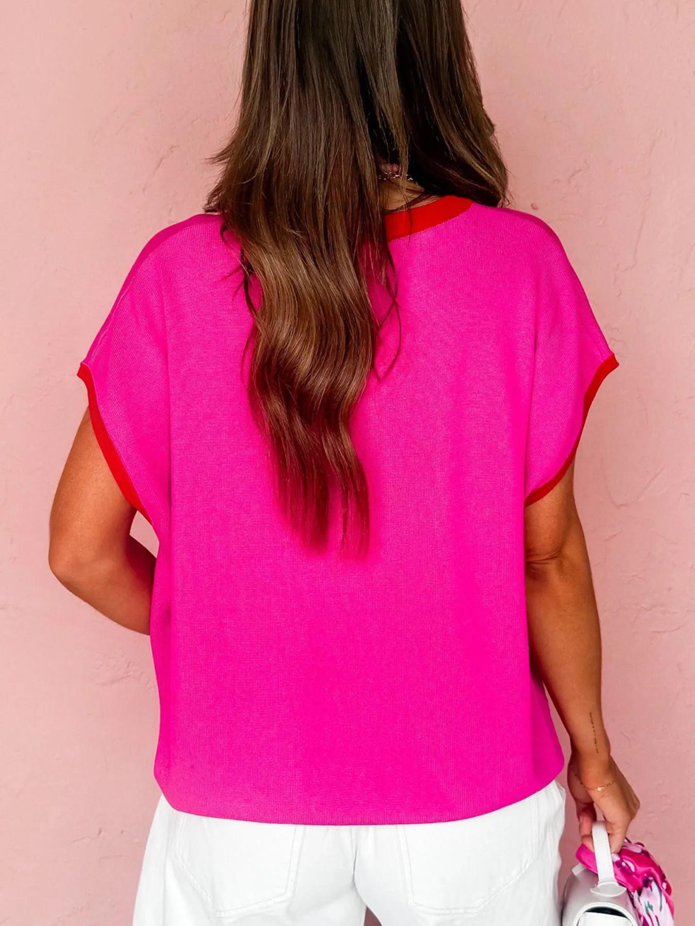Contrast Trim Round Neck Short Sleeve Sweater - Image 3