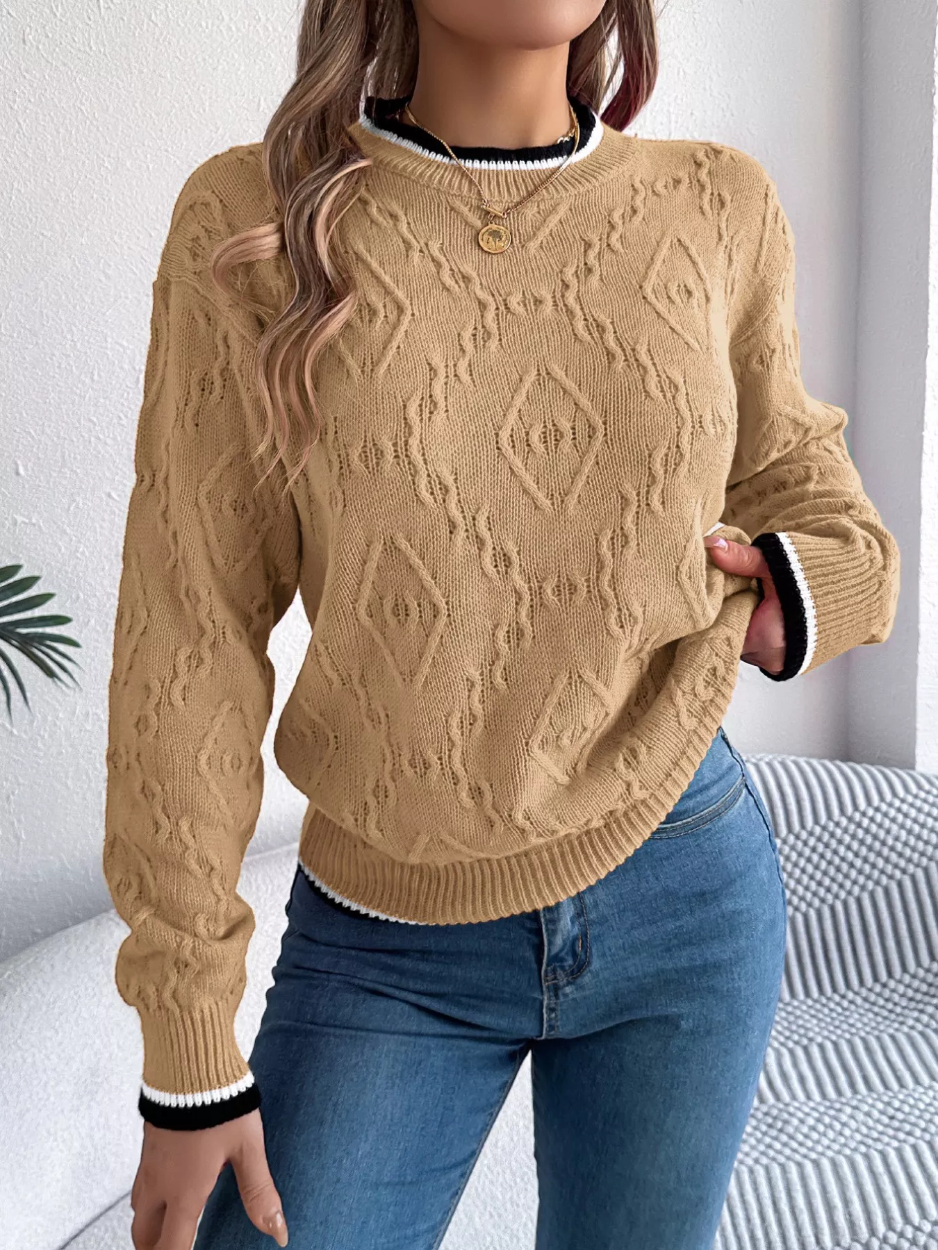 Contrast Trim Round Neck Sweater - Image 11