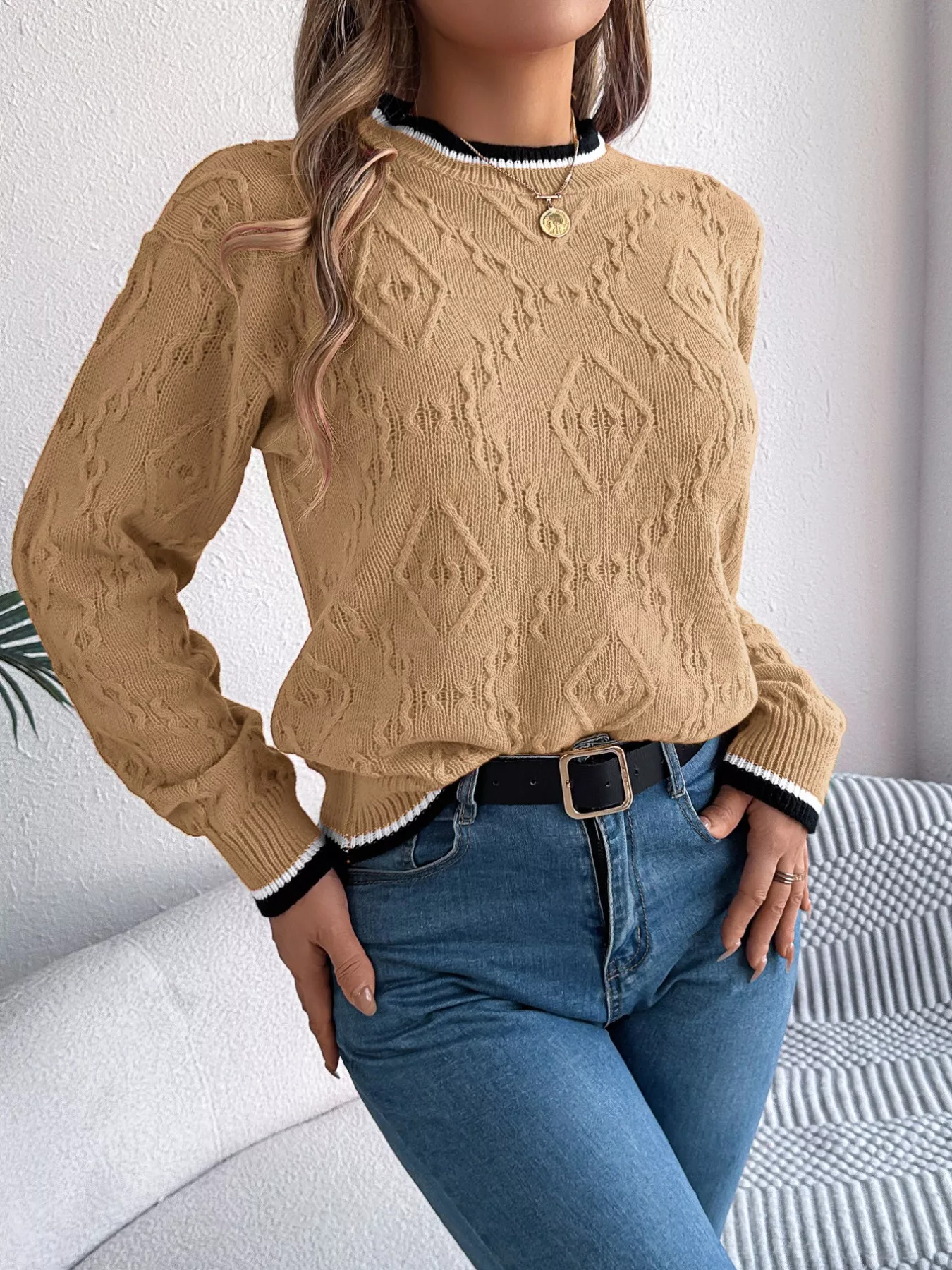 Contrast Trim Round Neck Sweater - Image 9