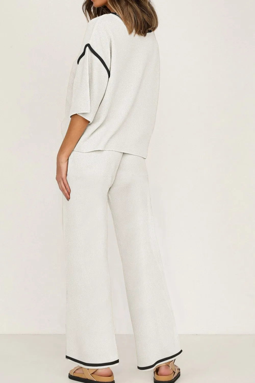 Contrast Trim Round Neck Top and Pants Set - Image 2