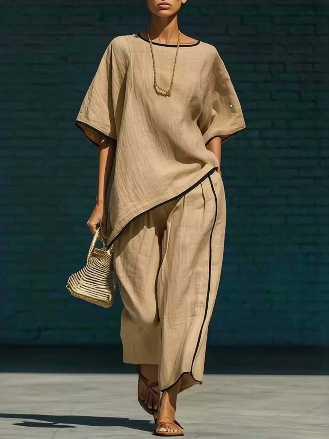 Contrast Trim Round Neck Top and Pants Set - Image 6