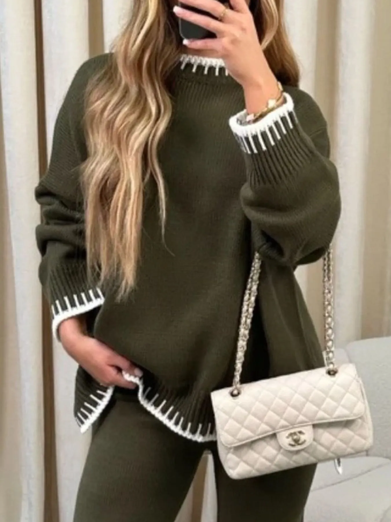 Contrast Trim Round Neck Top and Pants Sweater Set - Image 11