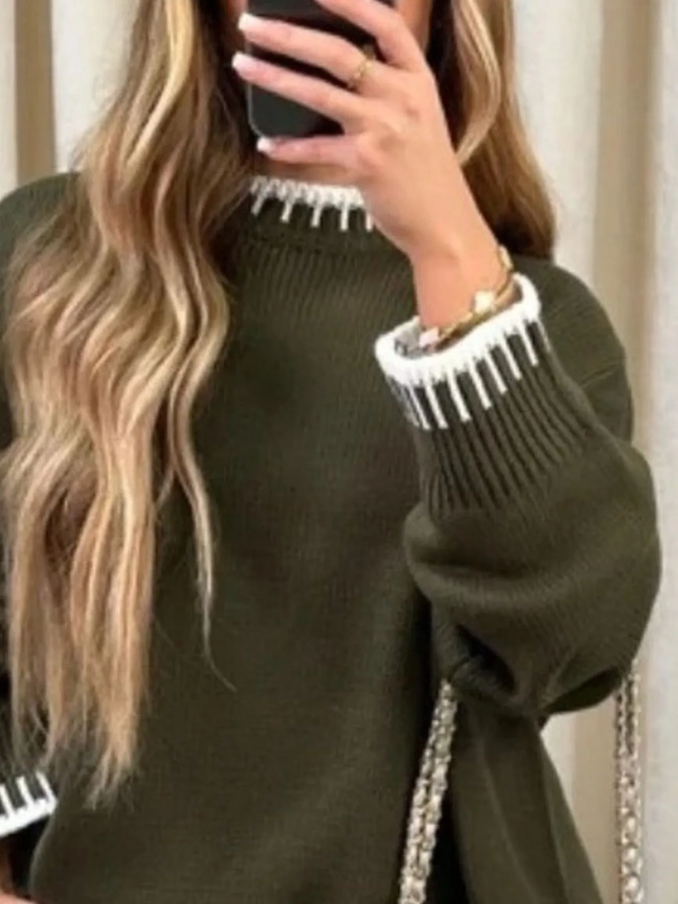 Contrast Trim Round Neck Top and Pants Sweater Set - Image 12