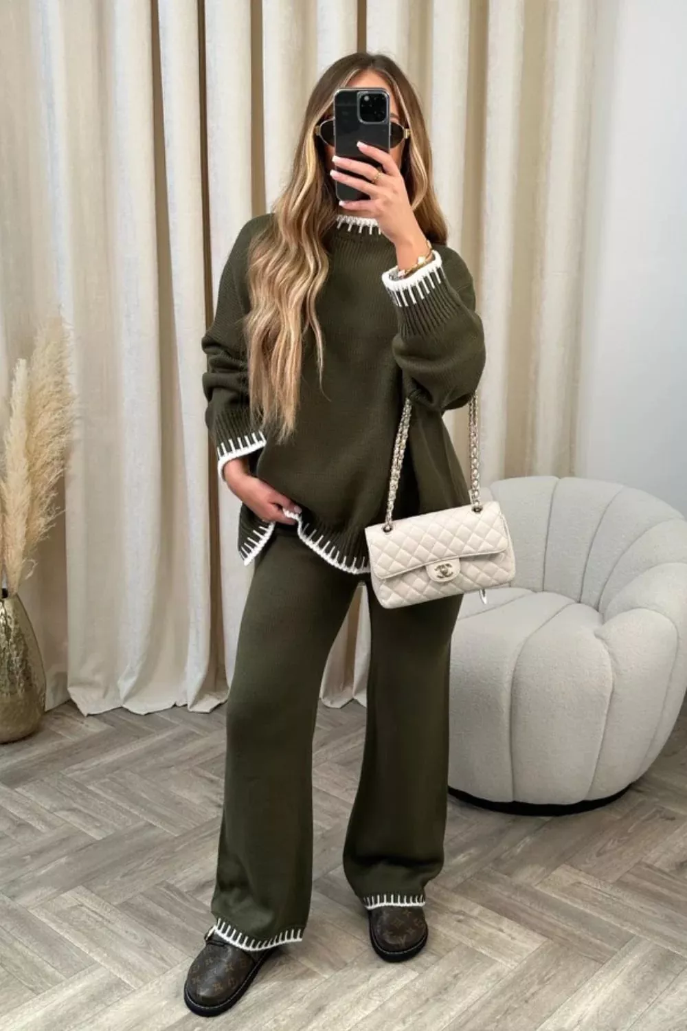 Contrast Trim Round Neck Top and Pants Sweater Set - Image 17