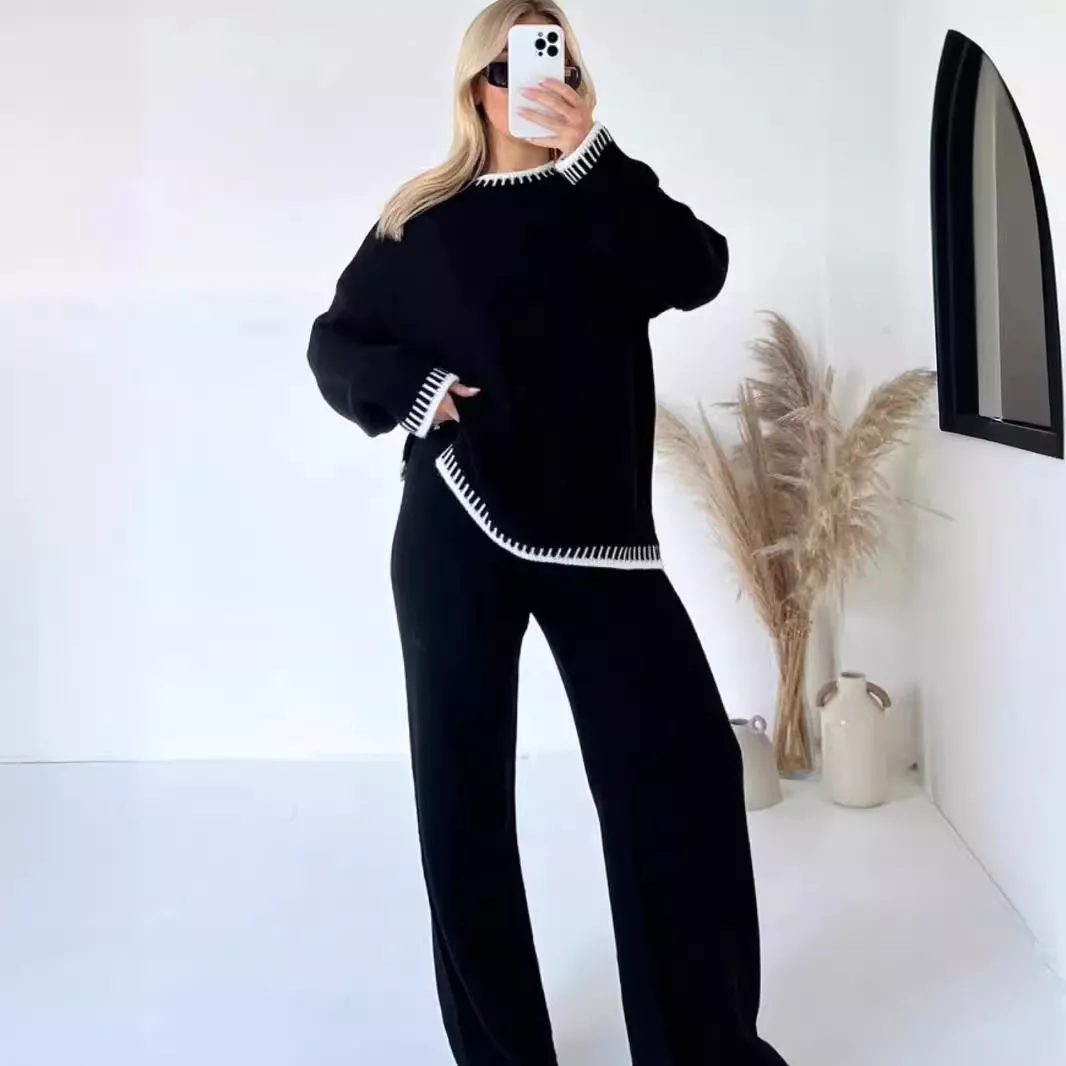 Contrast Trim Round Neck Top and Pants Sweater Set - Image 8