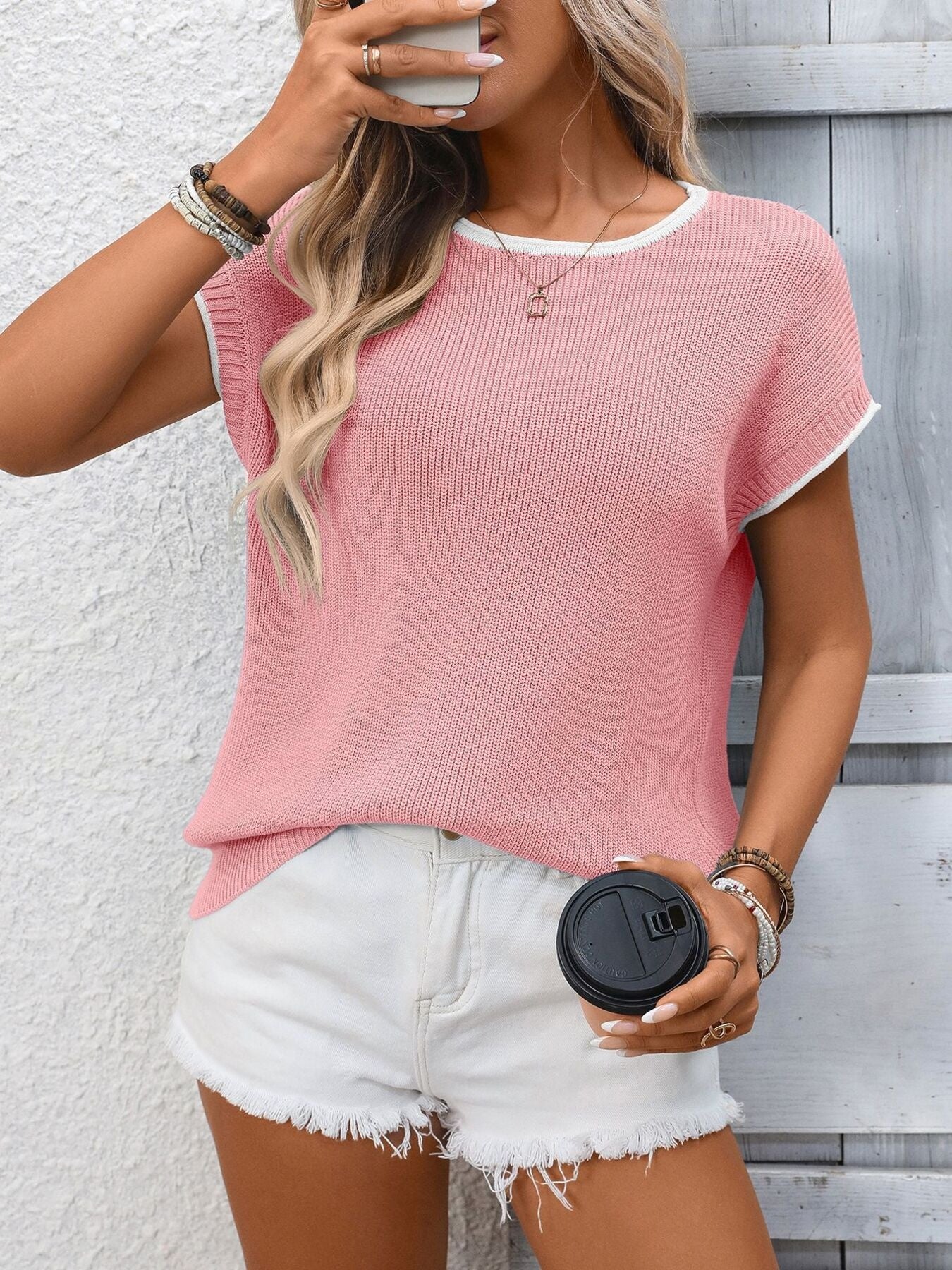 Contrast Trim Short Sleeve Sweater - Image 16