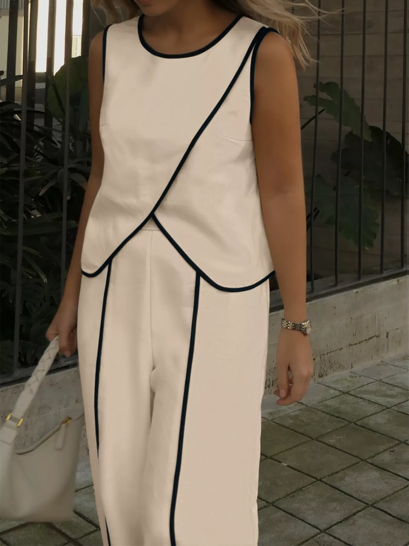 Contrast Trim Top and Wide Leg Pants Set - Image 6