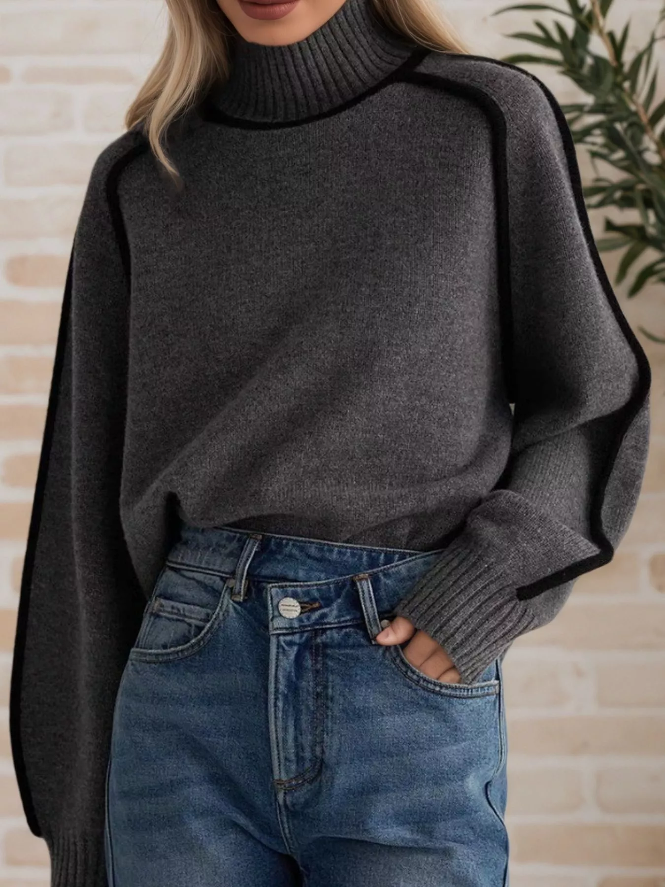 Contrast Trim Turtleneck Sweater - Image 5