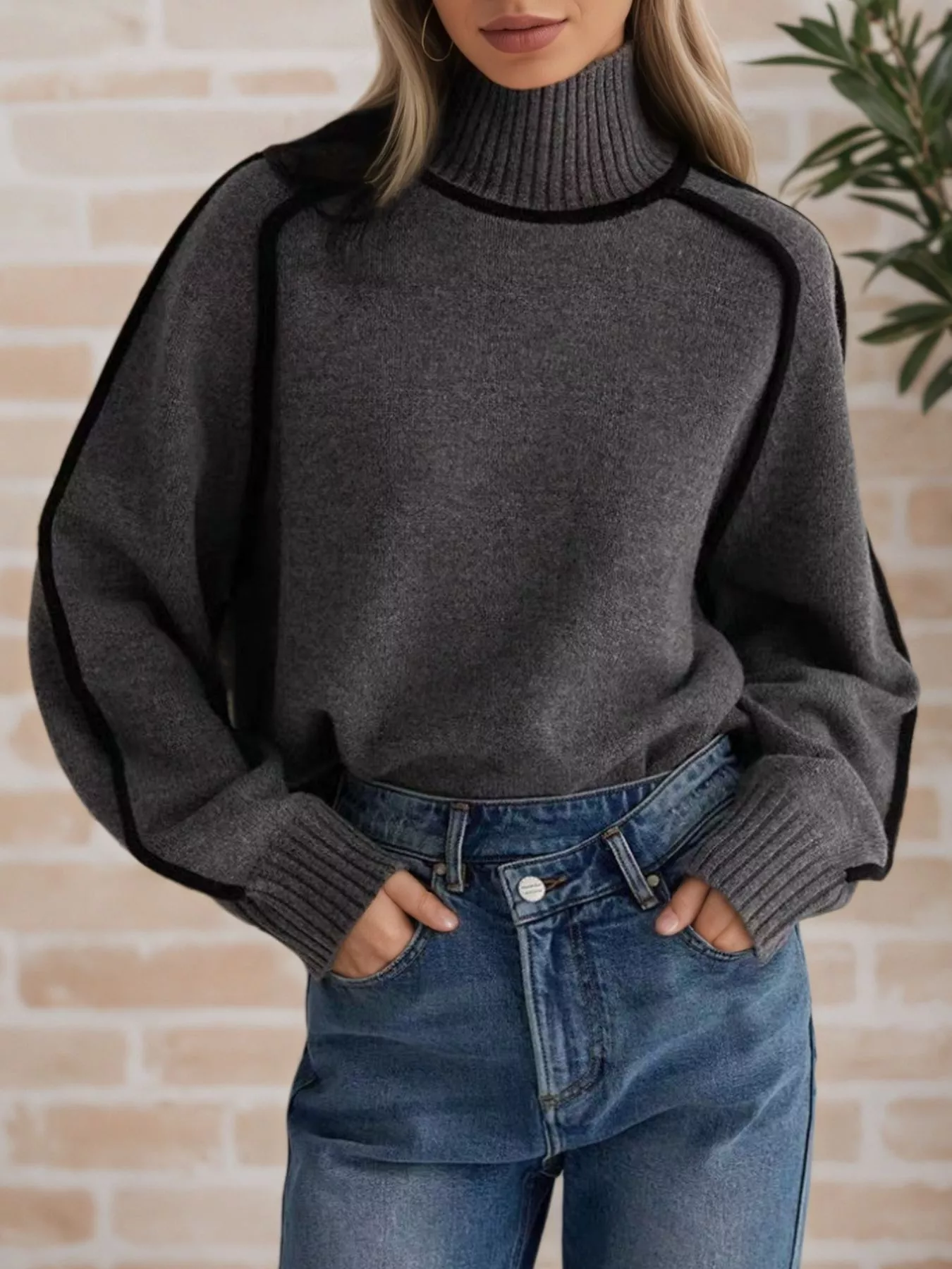 Contrast Trim Turtleneck Sweater - Image 7