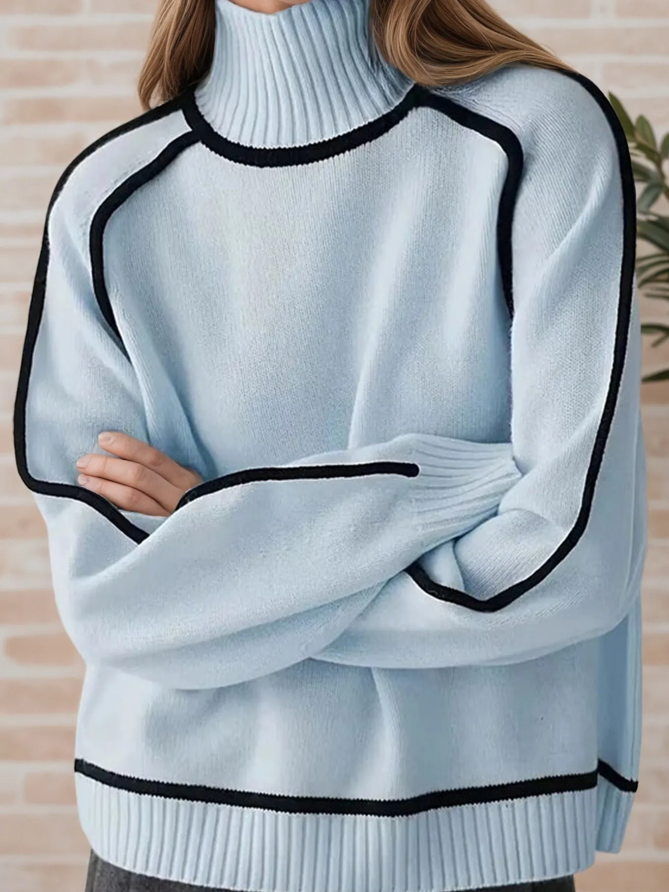 Contrast Trim Turtleneck Sweater - Image 13