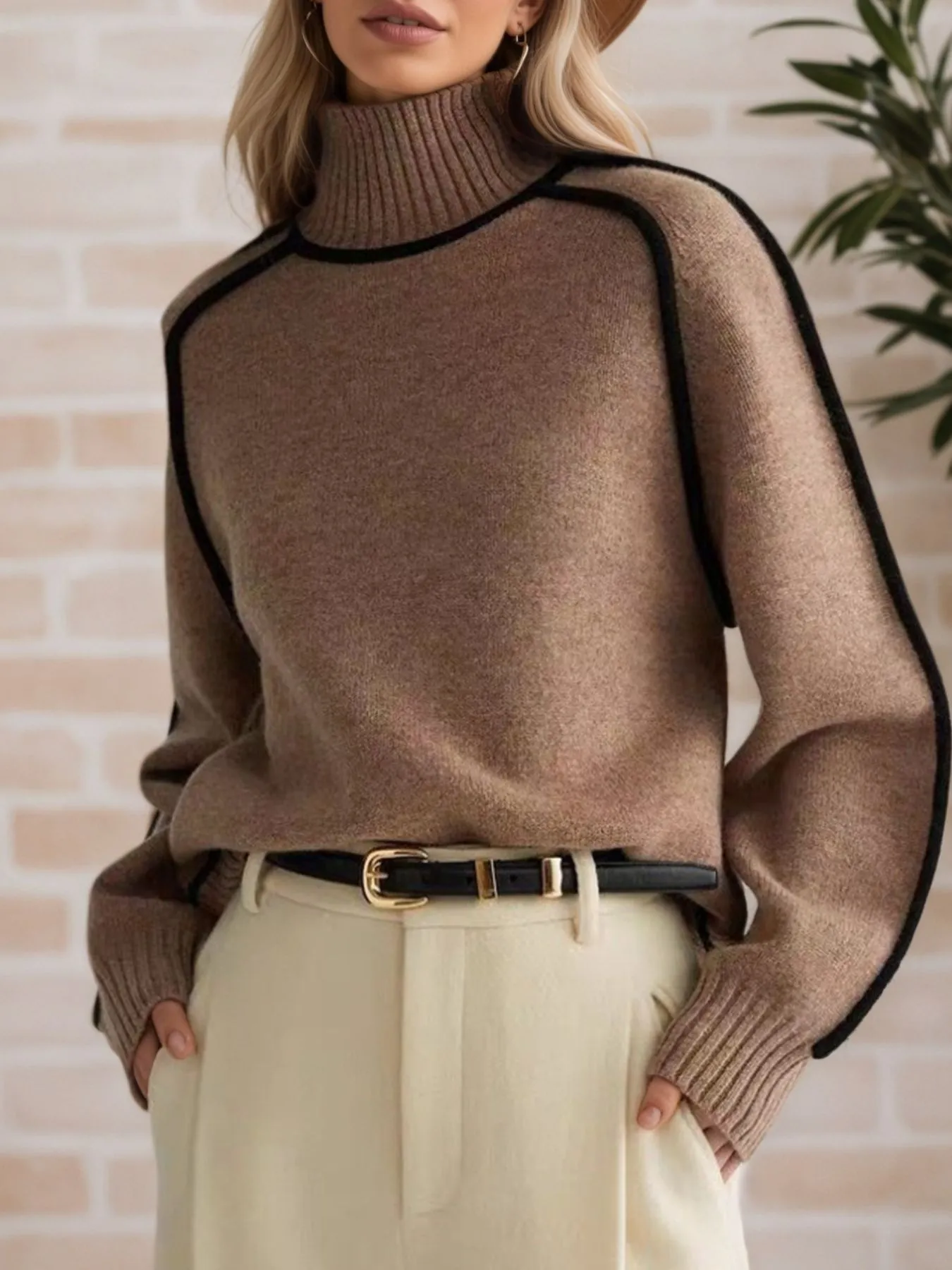 Contrast Trim Turtleneck Sweater - Image 6