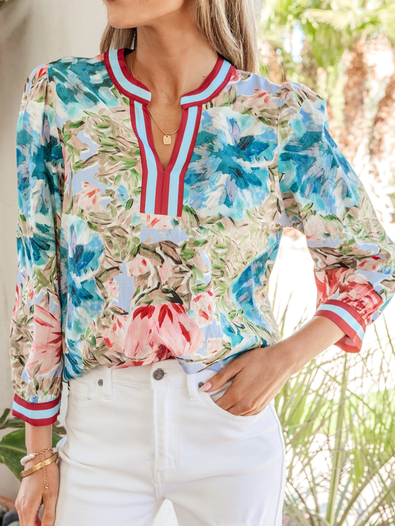 Contrast Trim V Neck Cuffed Bracelet Sleeve Floral Blouse - Image 2