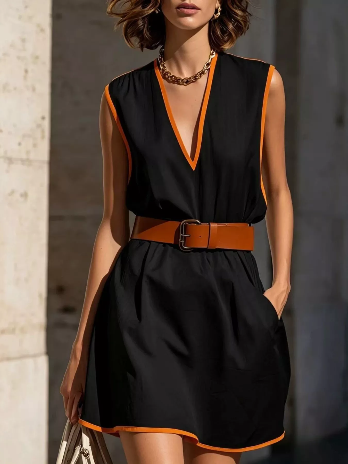 Contrast Trim V-Neck Sleeveless Dress - Image 4