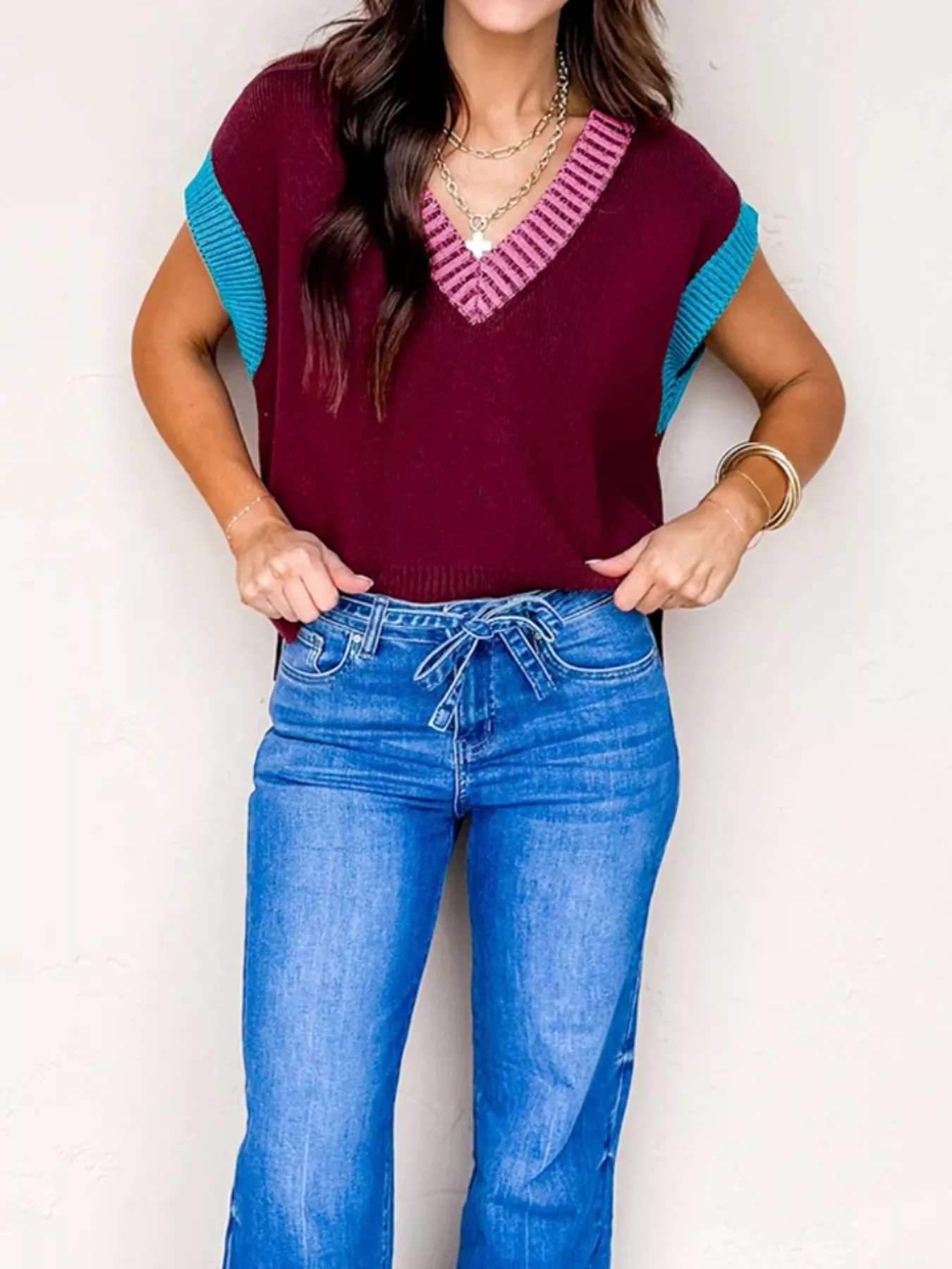 Contrast Trim V-Neck Sweater Vest - Image 6